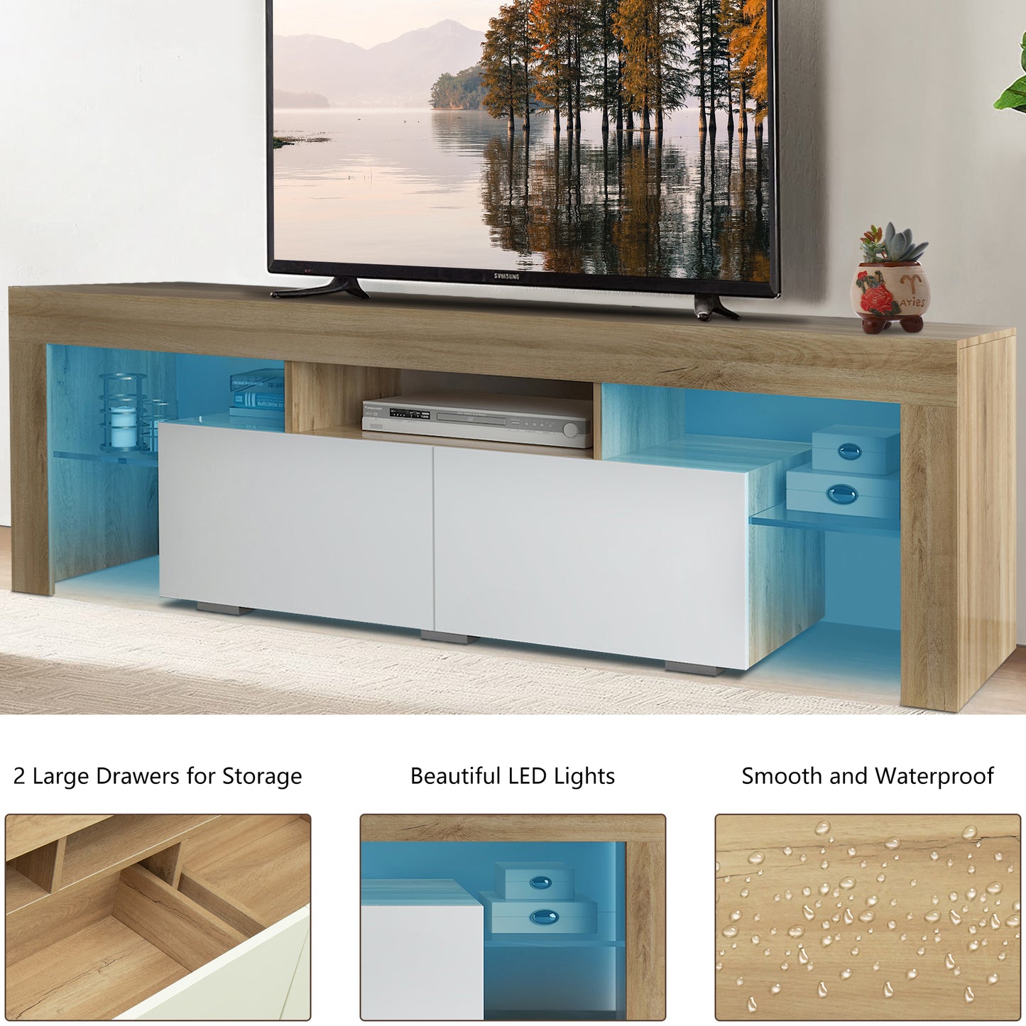 White TV Stand for 70 inch TV, Farmhouse Rustic Wooden Television Stands TV Cabinet Console Table with 16 Colors LED Lights, Living Room TV Table Stand Buffet Cabinet with Storage, 63"L×14" W×18"H