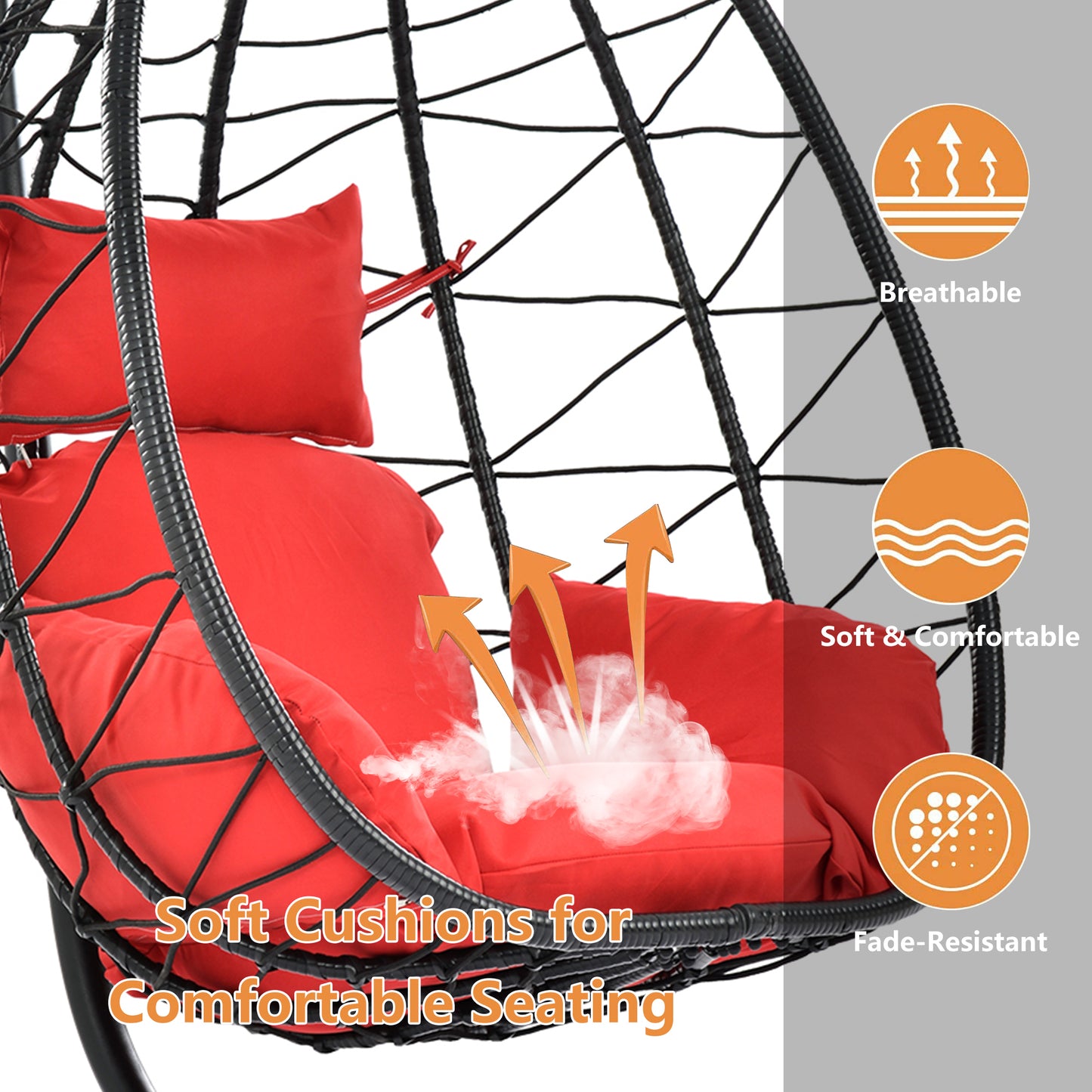 SYNGAR Egg Chair with Stand, Wicker Swing Chair, Patio Hammock Chair with Soft Cushion, Indoor Outdoor Balcony Bedroom Basket Hanging Lounge Chair, Heavy Duty Frame for 300 lbs Capacity, Red, Y024