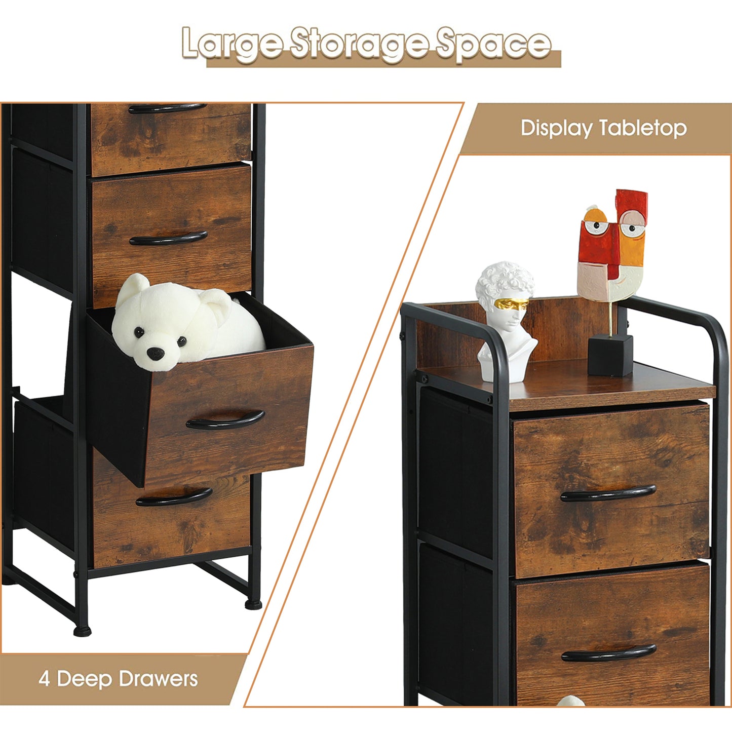 Rustic Brown 4 Drawer Dresser, Small Fabric Storage Tower with Wooden Tabletop, Dressers and Chests of Drawers, Organizer Unit for Bedroom, Living Room, Hallway, Closets and Nursery