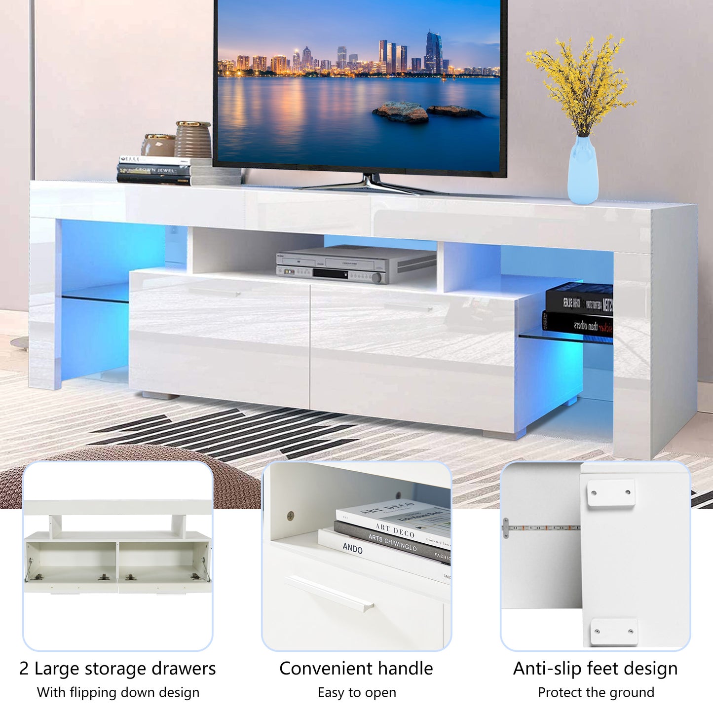 White TV Stand for 70 inch TV, Modern High Glossy Television Table Stands TV Cabinet Console Table with 16 Colors LED Lights, TV Buffet Cabinet with Storage, Living Room Entertainment Center