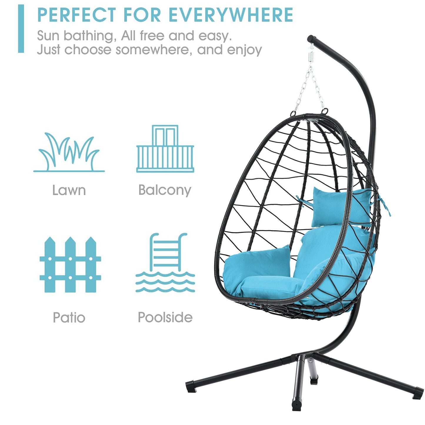 SYNGAR Hanging Egg Chair, Swing Chair with Steel Hammock Stand Set, Hammock Chair with Soft Seat Cushion, Multifunctional Hanging Chairs for Outdoor Indoor Bedroom, Light Blue