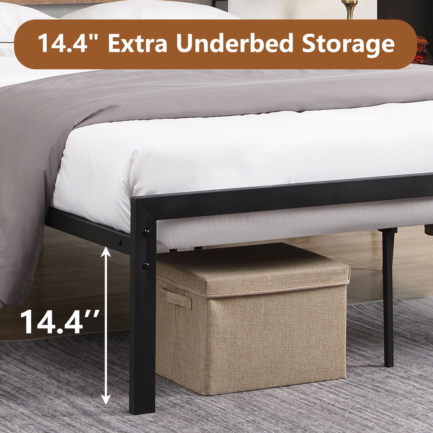 SYNGAR Black Metal Platform Bed Frame Full Size with Wooden Headboard, Steel Legs, Underbed Storage, Strong Slat Support, No Box Spring Needed, Rustic Full Bed Frame for Kids Teens Adults