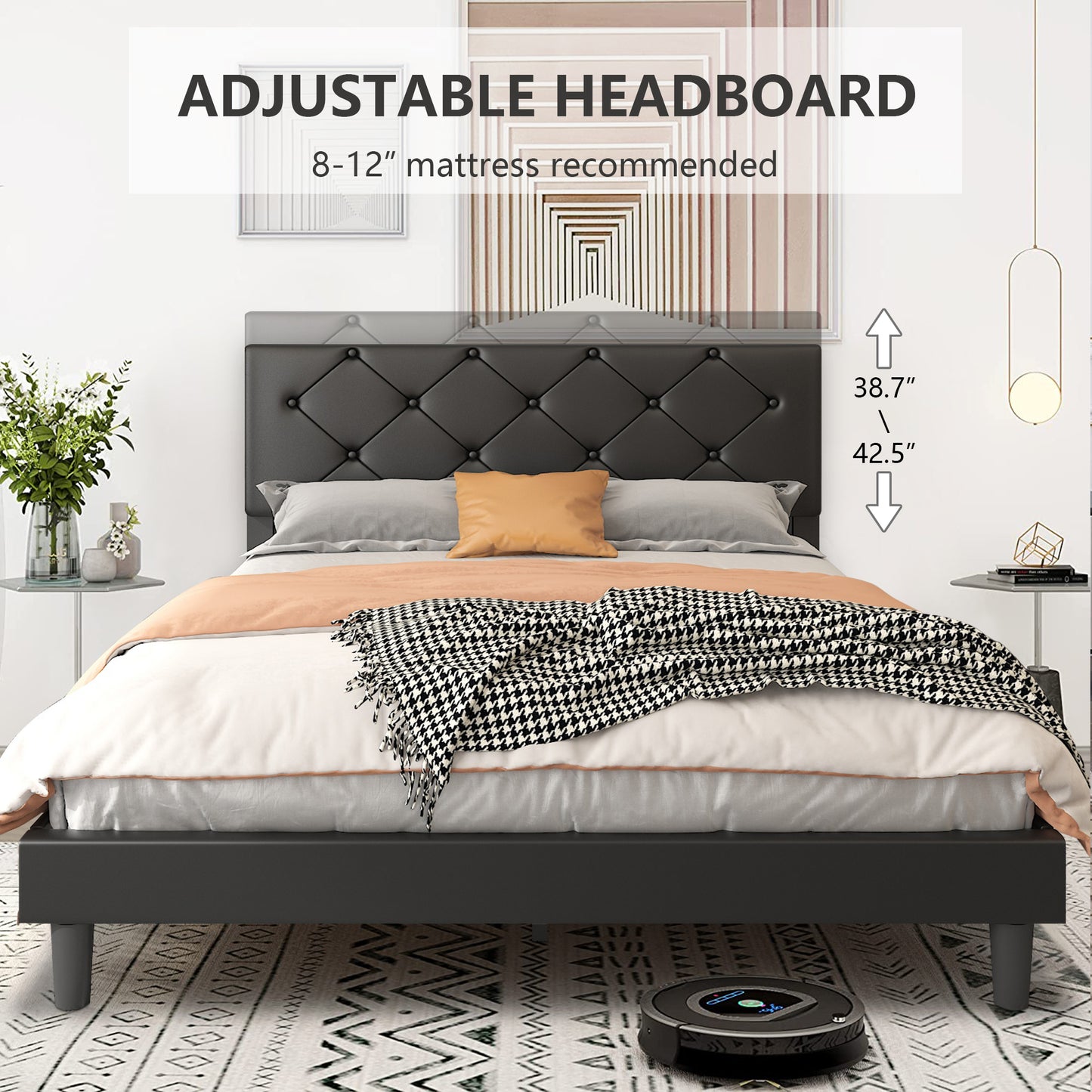 SYNGAR Faux Leather Upholstered Platform Bed Frame with Height Adjustable Headboard, Queen Size Metal Bed with Wood Support for Kids Teens Adults, No Box Spring Needed, 550LBS Load Capacity, Black