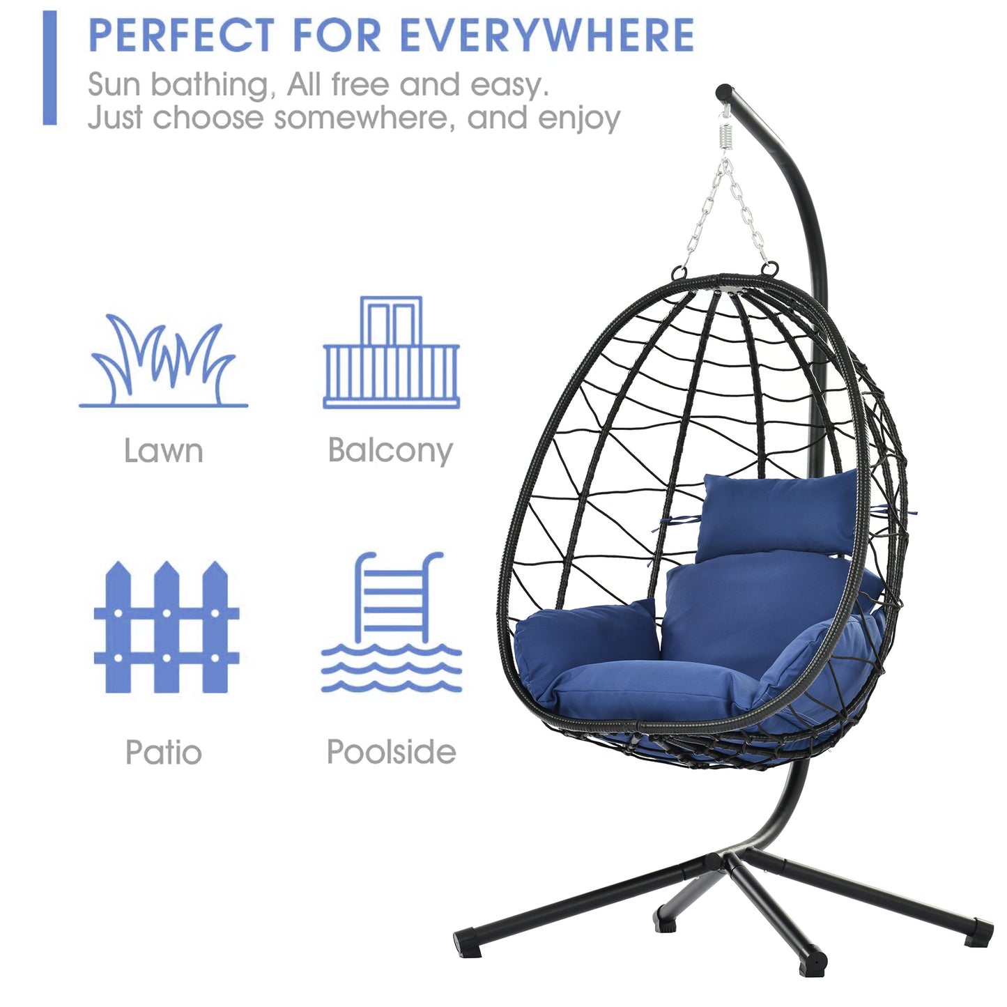 SYNGAR 2 Piece Indoor Outdoor Patio Wicker Hanging Chairs, Swing Hammock Egg Chairs Waterproof Cushions with Steel Frame, 300lbs Capacity for Patio Balcony Bedroom Living Room, Navy Blue