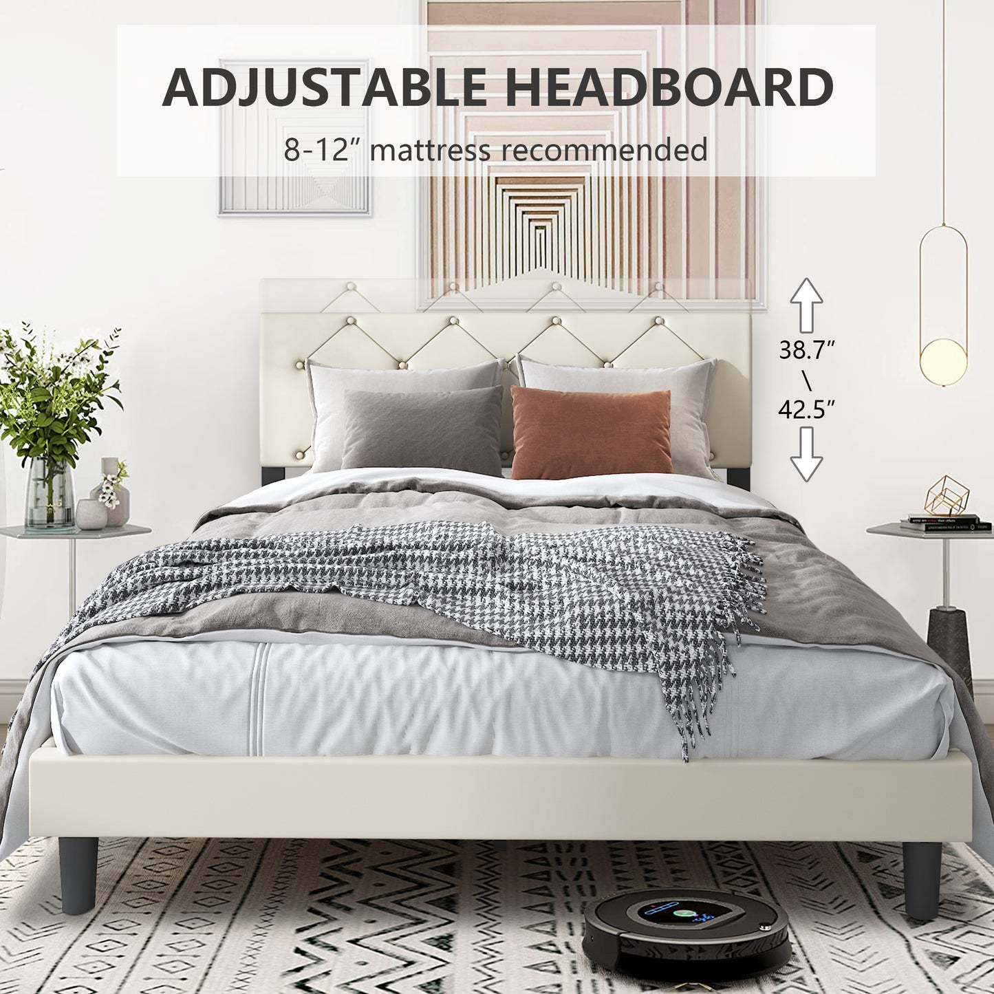 White Fabric Upholstered Platform Bed Frame Queen Size with Height Adjustable Headboard, Mattress Foundation with Strong Wooden Slat Support, No Box Spring Needed