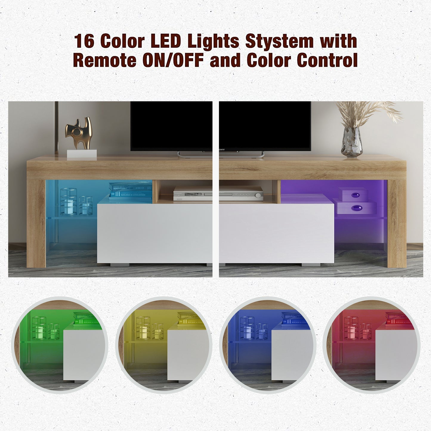White TV Stand for 70 inch TV, Farmhouse Rustic Wooden Television Stands TV Cabinet Console Table with 16 Colors LED Lights, Living Room TV Table Stand Buffet Cabinet with Storage, 63"L×14" W×18"H