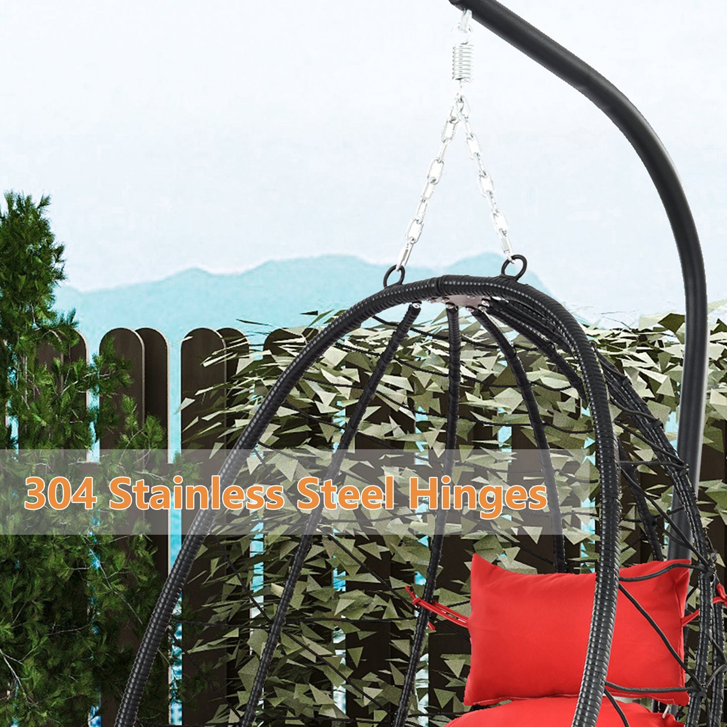 SYNGAR Egg Chair with Stand, Wicker Swing Chair, Patio Hammock Chair with Soft Cushion, Indoor Outdoor Balcony Bedroom Basket Hanging Lounge Chair, Heavy Duty Frame for 300 lbs Capacity, Red, Y024