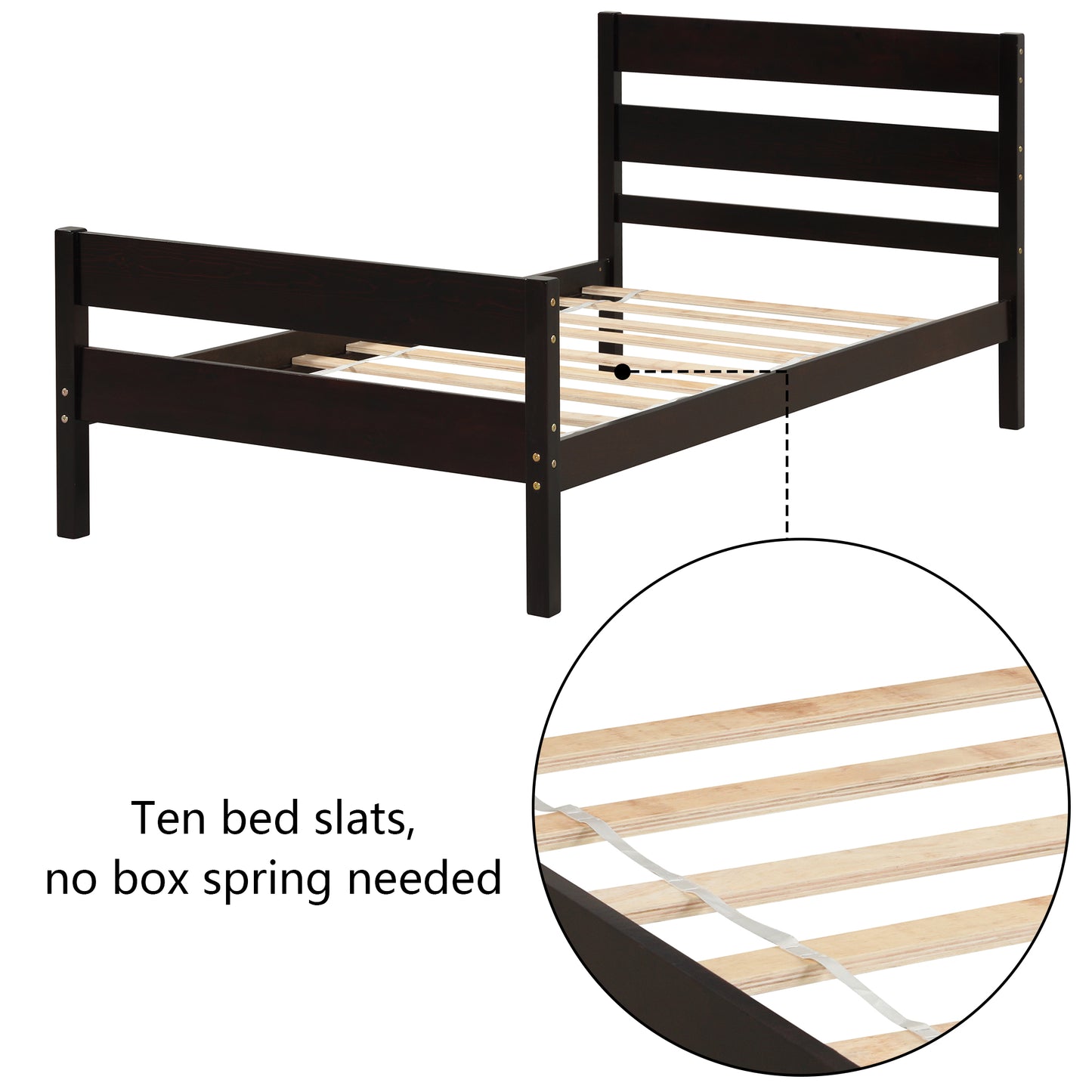 SYNGAR Twin Size Wood Platform Bed Frame with Headboard and Footboard, Underbed Storage, Mattress Foundation with Strong Wooden Slat Support, No Box Spring Needed, Espresso