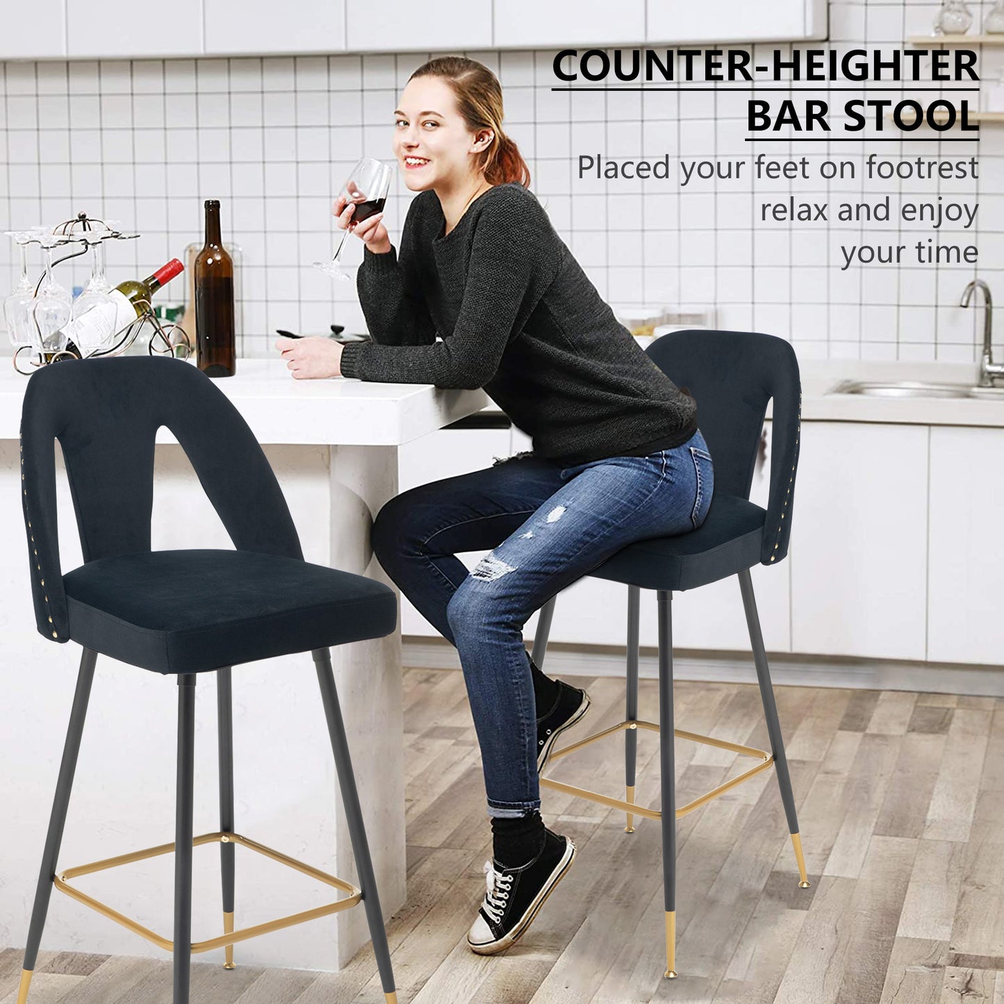 SYNGAR Modern Bar Chairs Set of 2, Contemporary Velvet Upholstered Bar Stools Tool and Counter Stools with Nailheads and Gold Tipped Black Metal Legs, Black Leisure Style Bar Chairs, Black