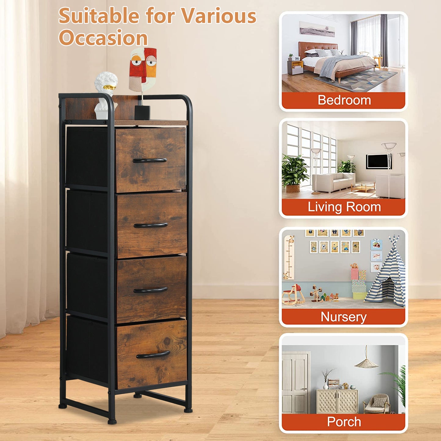 Rustic Brown 4 Drawer Dresser, Small Fabric Storage Tower with Wooden Tabletop, Dressers and Chests of Drawers, Organizer Unit for Bedroom, Living Room, Hallway, Closets and Nursery