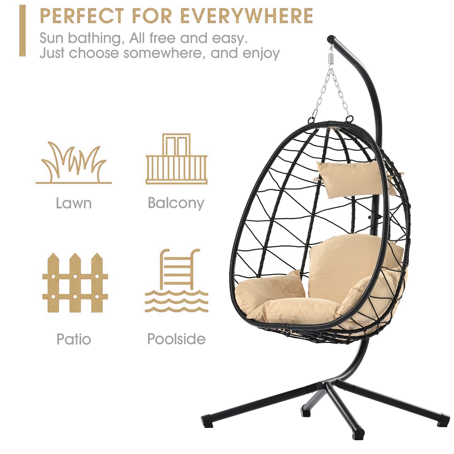 SYNGAR 2 Piece Indoor Outdoor Patio Wicker Hanging Chair, Swing Hammock Egg Chairs Waterproof Cushions with Steel Frame, 300lbs Capacity for Patio Balcony Bedroom Living Room, 2Pcs, Beige