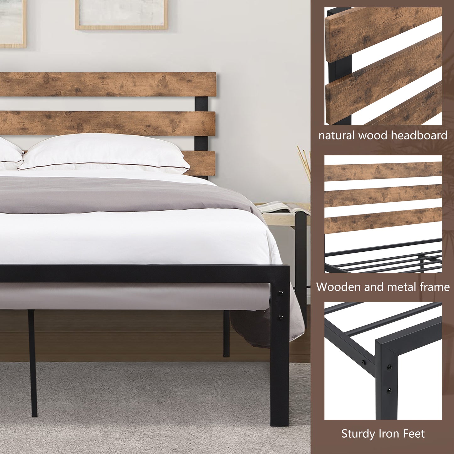 SYNGAR Full Size Metal Platform Bed Frame with Industrial Headboard, Steel Legs, Underbed Storage, Bedroom Furnitrue with Strong Slat Support, No Box Spring Needed, Black