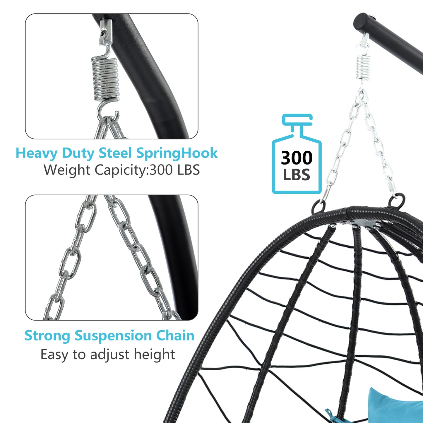 SYNGAR Hanging Egg Chair, Swing Chair with Steel Hammock Stand Set, Hammock Chair with Soft Seat Cushion, Multifunctional Hanging Chairs for Outdoor Indoor Bedroom, Light Blue