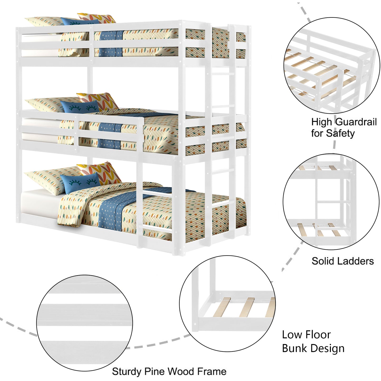 SYNGAR White Wood Triple Bunk Bed Frame for Kids, 3 Twin Bed Triple Floor Bunk Bed with Ladders, Adjustable Detachable Design 3 Bed Frame, No Box Spring Needed, Twin Over Twin Over Twin