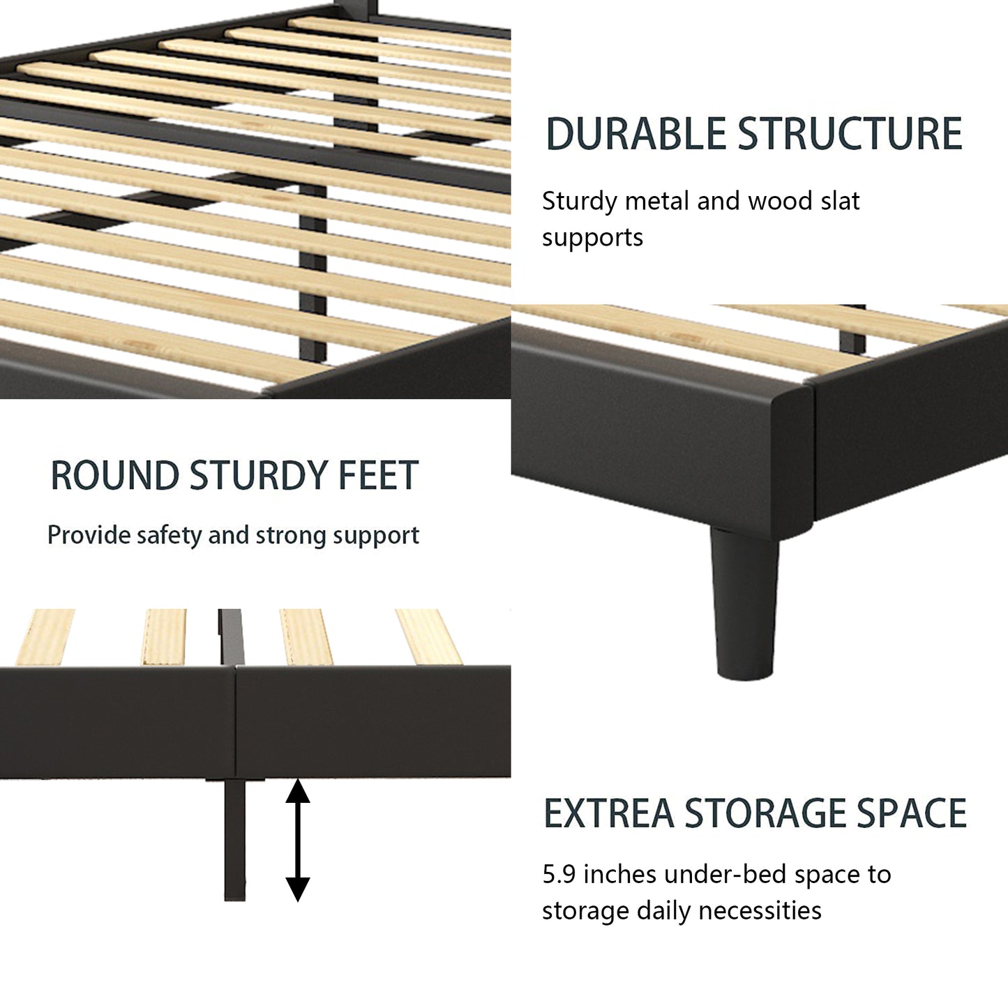 SYNGAR Black Faux Leather Upholstered Platform Bed Frame Queen Size with Height Adjustable Headboard, Metal Mattress Foundation with Strong Wooden Slat Support, No Box Spring Needed