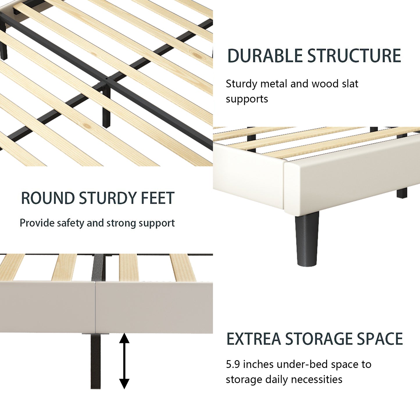 White Fabric Upholstered Platform Bed Frame Queen Size with Height Adjustable Headboard, Mattress Foundation with Strong Wooden Slat Support, No Box Spring Needed