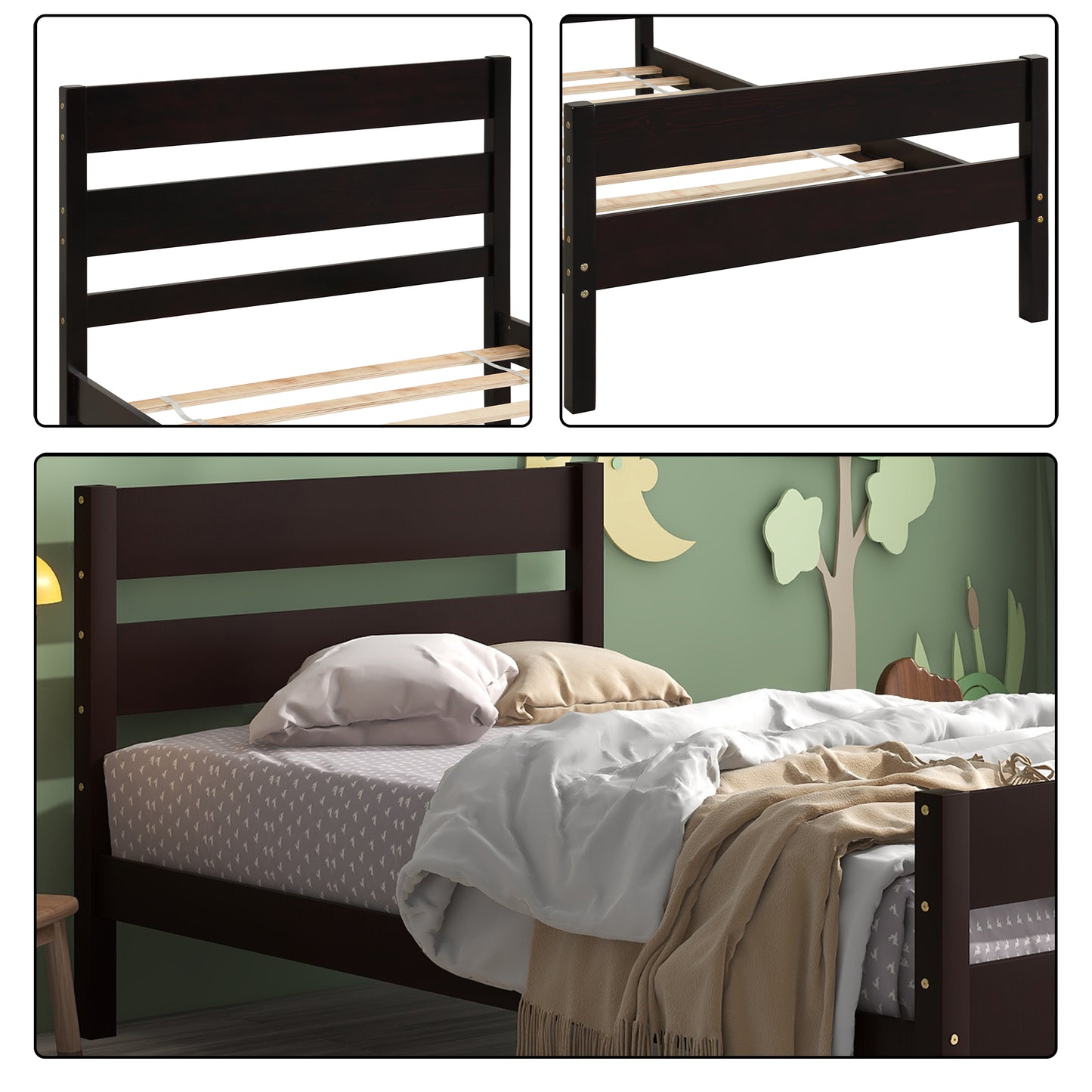 SYNGAR Twin Size Wood Platform Bed Frame with Headboard and Footboard, Underbed Storage, Mattress Foundation with Strong Wooden Slat Support, No Box Spring Needed, Espresso