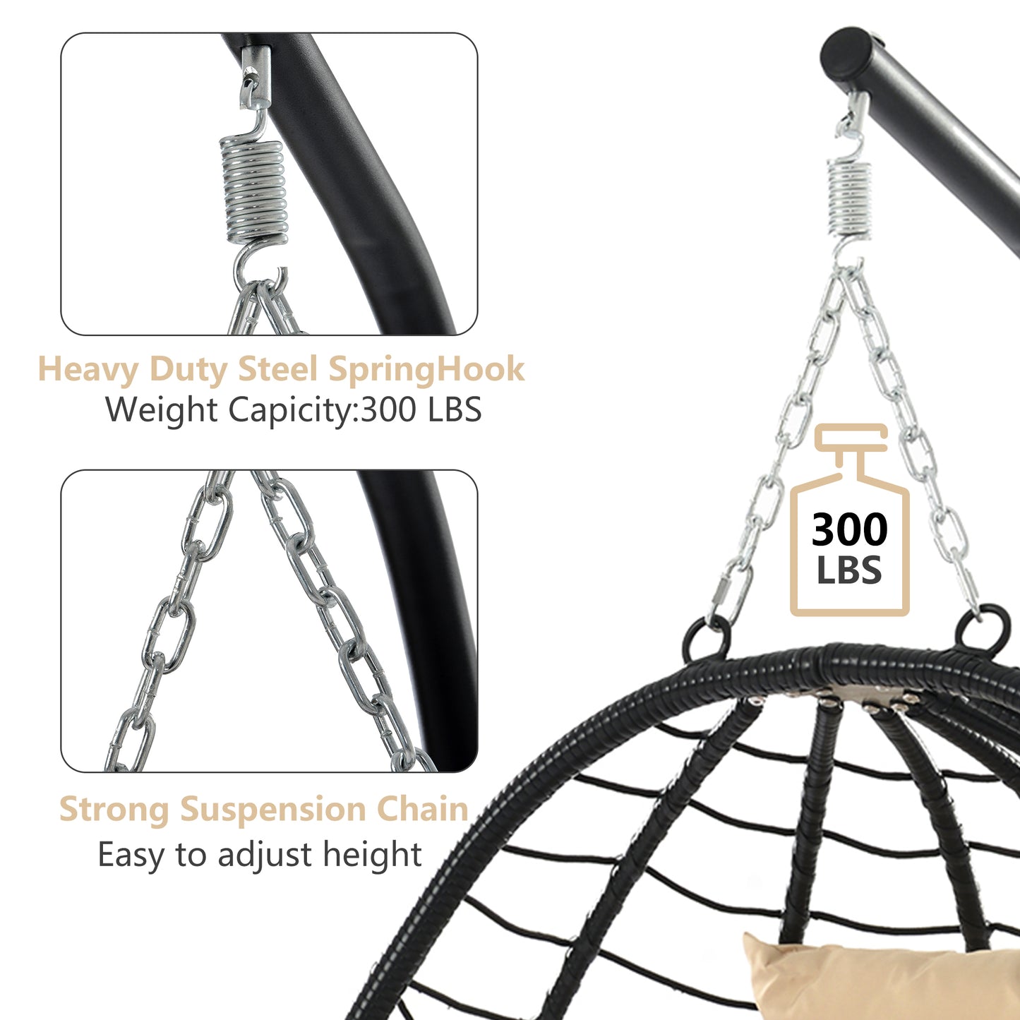 SYNGAR 2 Piece Indoor Outdoor Patio Wicker Hanging Chair, Swing Hammock Egg Chairs Waterproof Cushions with Steel Frame, 300lbs Capacity for Patio Balcony Bedroom Living Room, 2Pcs, Beige