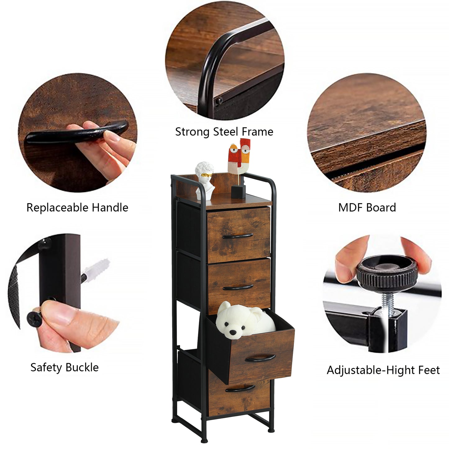 Rustic Brown 4 Drawer Dresser, Small Fabric Storage Tower with Wooden Tabletop, Dressers and Chests of Drawers, Organizer Unit for Bedroom, Living Room, Hallway, Closets and Nursery