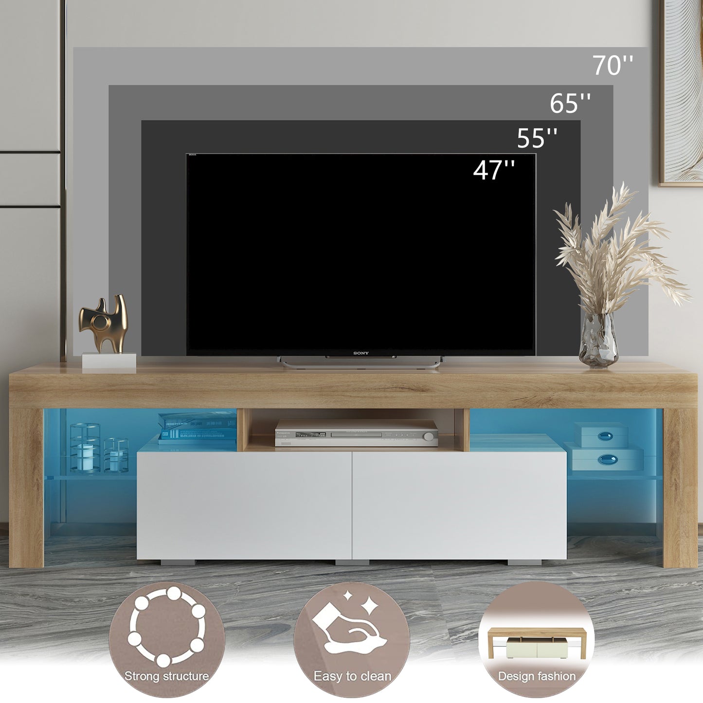 White TV Stand for 70 inch TV, Farmhouse Rustic Wooden Television Stands TV Cabinet Console Table with 16 Colors LED Lights, Living Room TV Table Stand Buffet Cabinet with Storage, 63"L×14" W×18"H