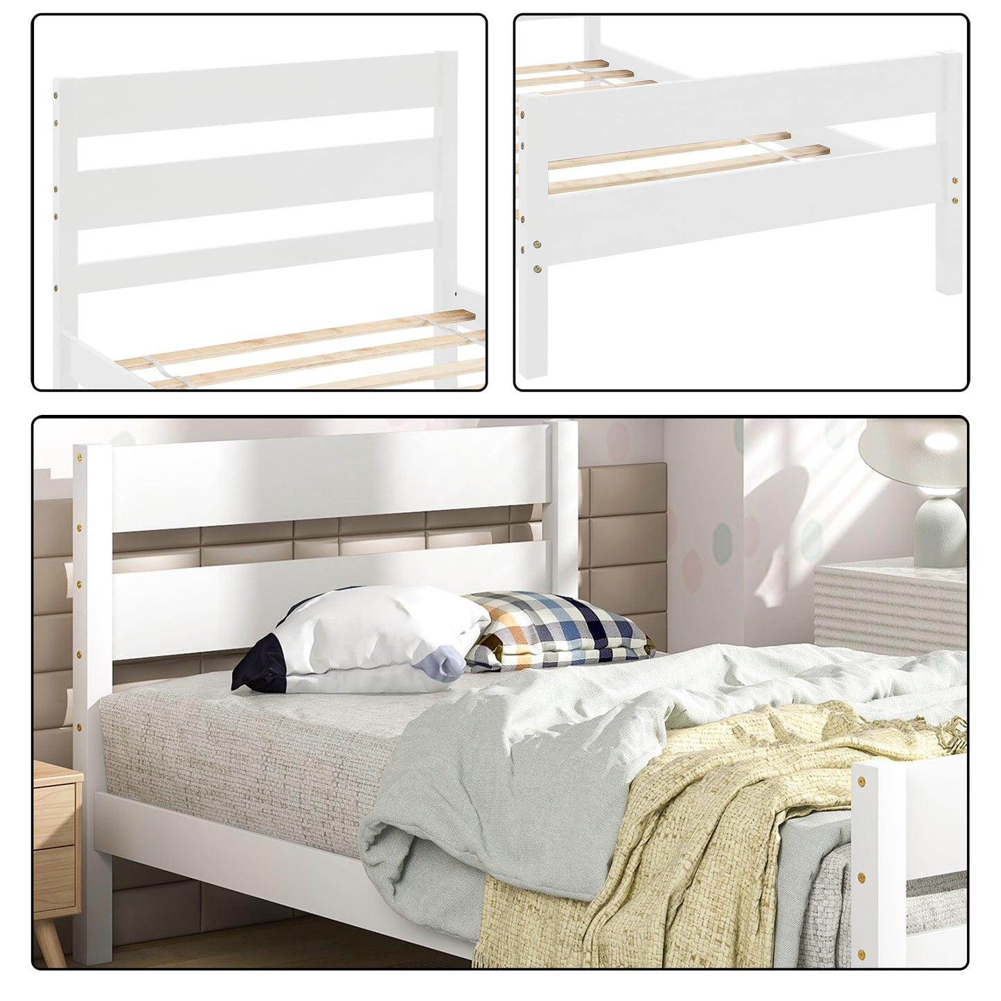 SYNGAR White Wood Platform Bed Frame Twin Size with Headboard and Footboard, Underbed Storage, Strong Slat Support, No Box Spring Needed, Twin Bed Frame for Kids Teens Adults
