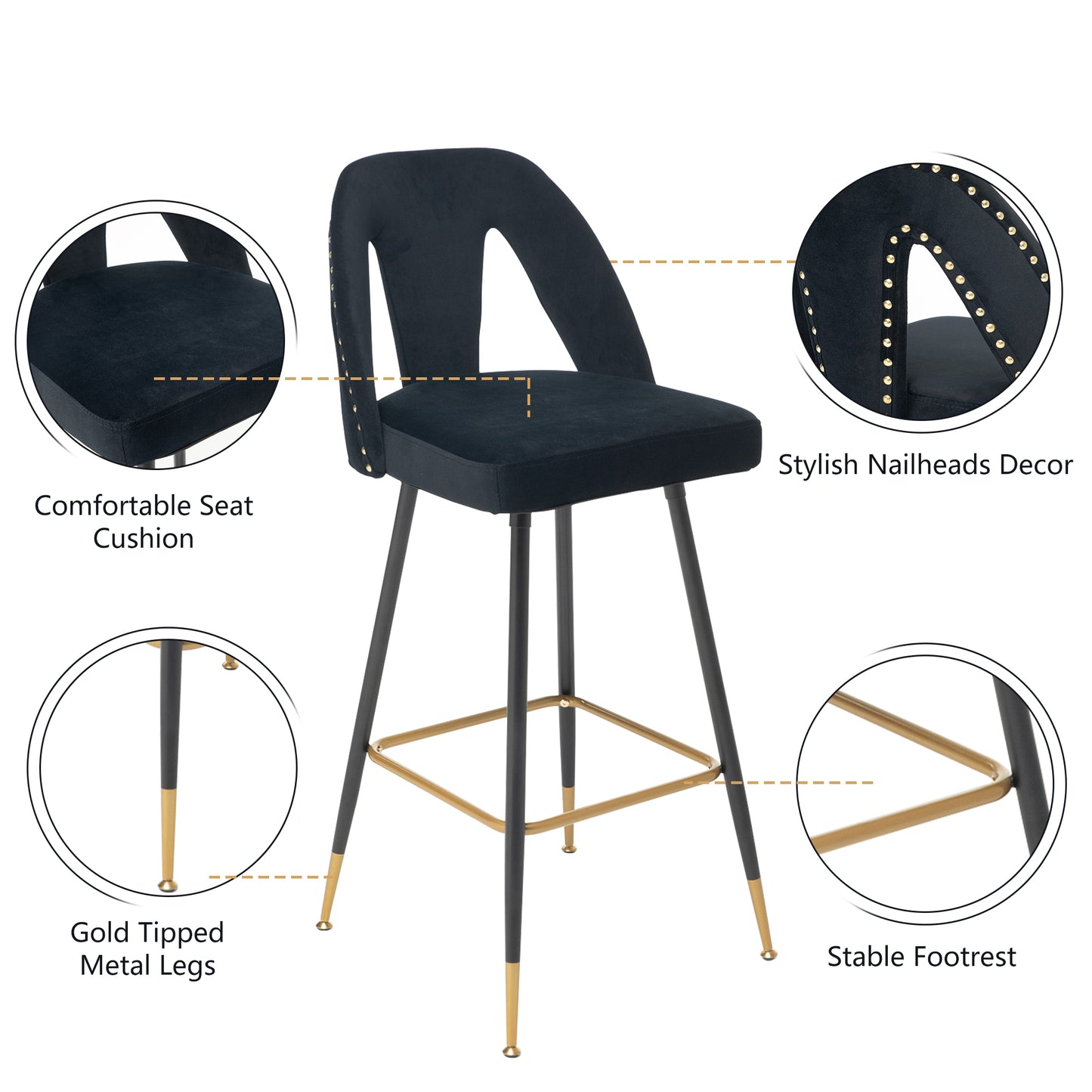 SYNGAR Modern Bar Chairs Set of 2, Contemporary Velvet Upholstered Bar Stools Tool and Counter Stools with Nailheads and Gold Tipped Black Metal Legs, Black Leisure Style Bar Chairs, Black