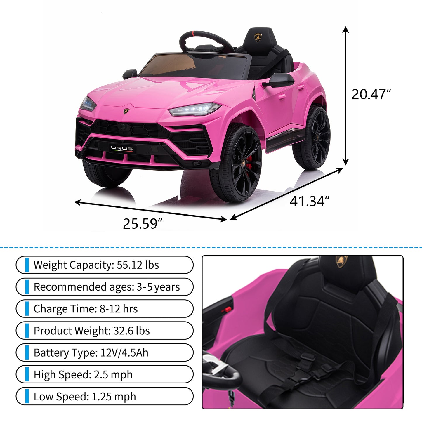 SYNGAR Licensed Lamborghini 12 V Powered Ride on Cars with Remote Control, 3 Speeds, LED Lights, MP3 Player, Horn, Kids Electric Vehicles Ride on Toy for Boys Girls, Pink