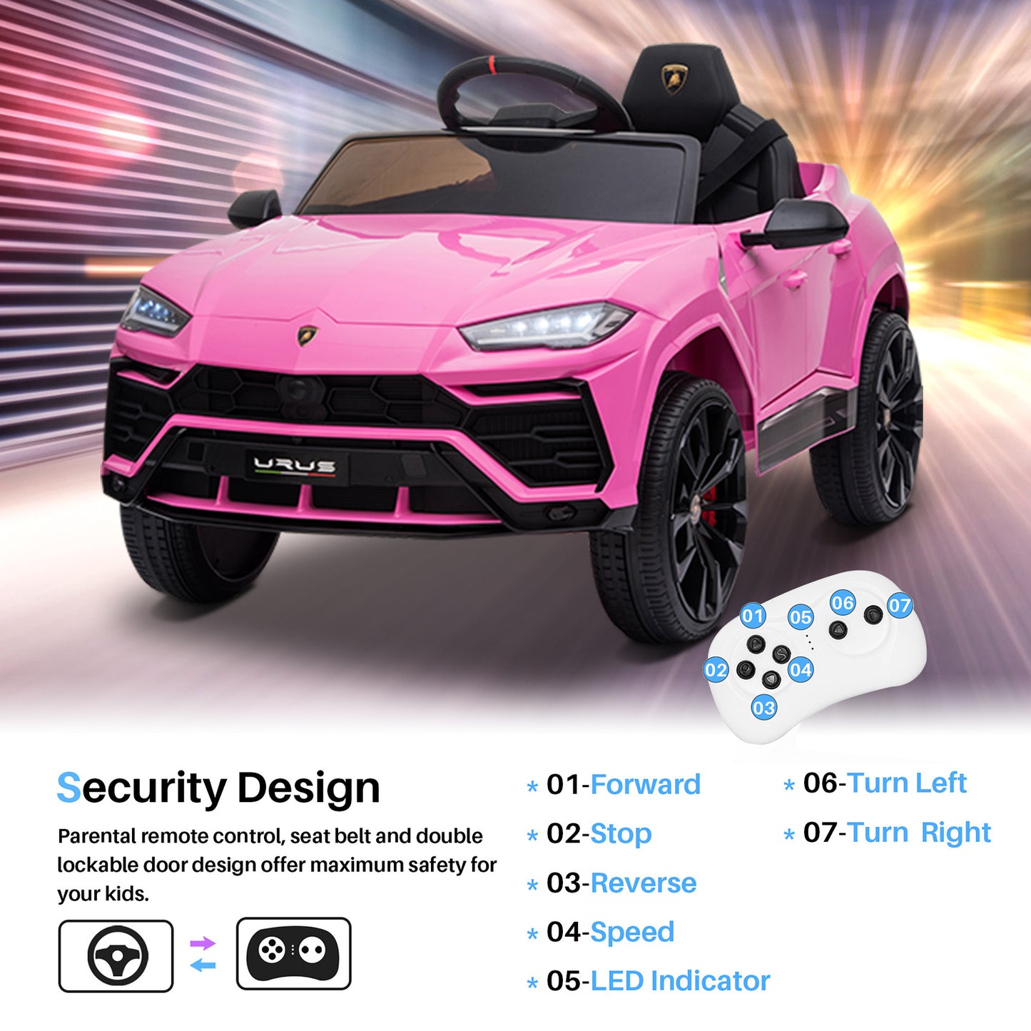 SYNGAR Licensed Lamborghini 12 V Powered Ride on Cars with Remote Control, 3 Speeds, LED Lights, MP3 Player, Horn, Kids Electric Vehicles Ride on Toy for Boys Girls, Pink