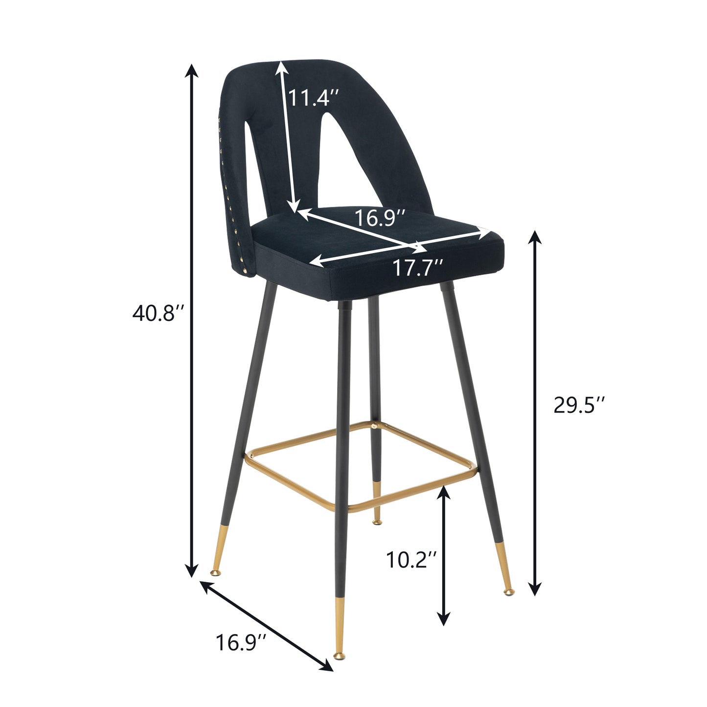 SYNGAR Modern Bar Chairs Set of 2, Contemporary Velvet Upholstered Bar Stools Tool and Counter Stools with Nailheads and Gold Tipped Black Metal Legs, Black Leisure Style Bar Chairs, Black