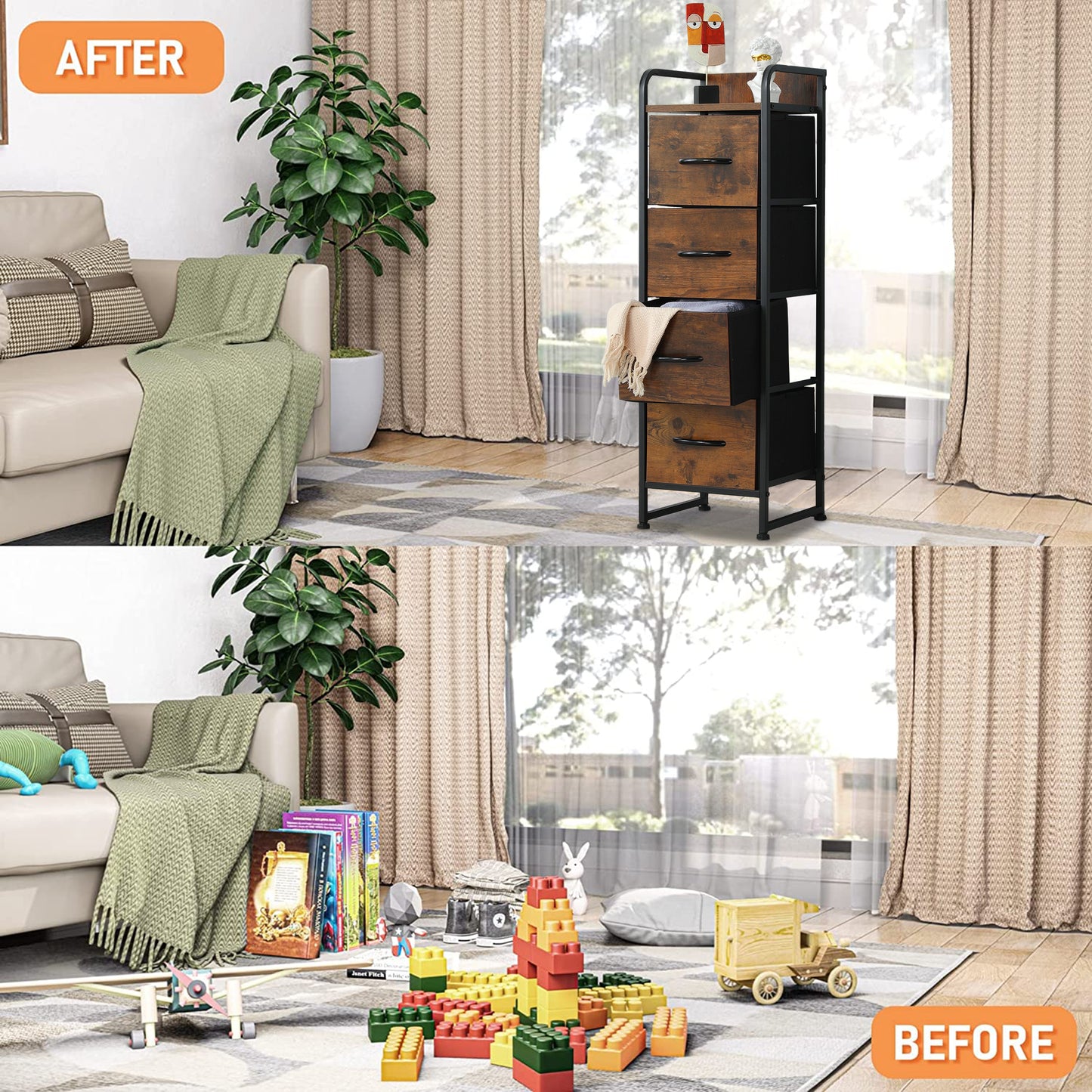 Rustic Brown 4 Drawer Dresser, Small Fabric Storage Tower with Wooden Tabletop, Dressers and Chests of Drawers, Organizer Unit for Bedroom, Living Room, Hallway, Closets and Nursery