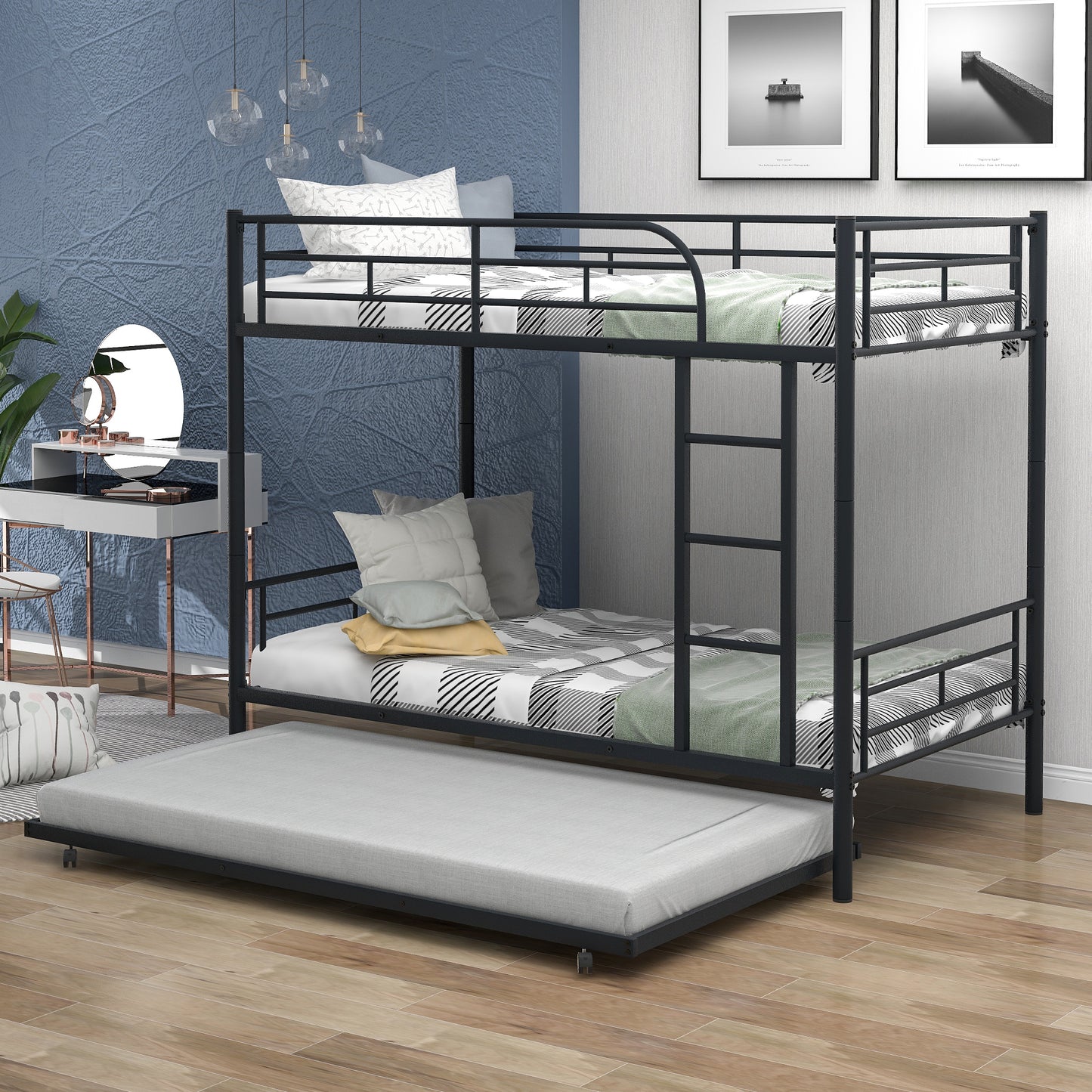 Twin over Twin Bunk Bed Frame with Trundle, SYNGAR Upgraded Bunk Beds with Ladder & Guardrail, Heavy Duty Kids Bedroom Furniture Bunk Bed for Boys and Girls, Space Saver Guest Room Bunk, Silver, C24