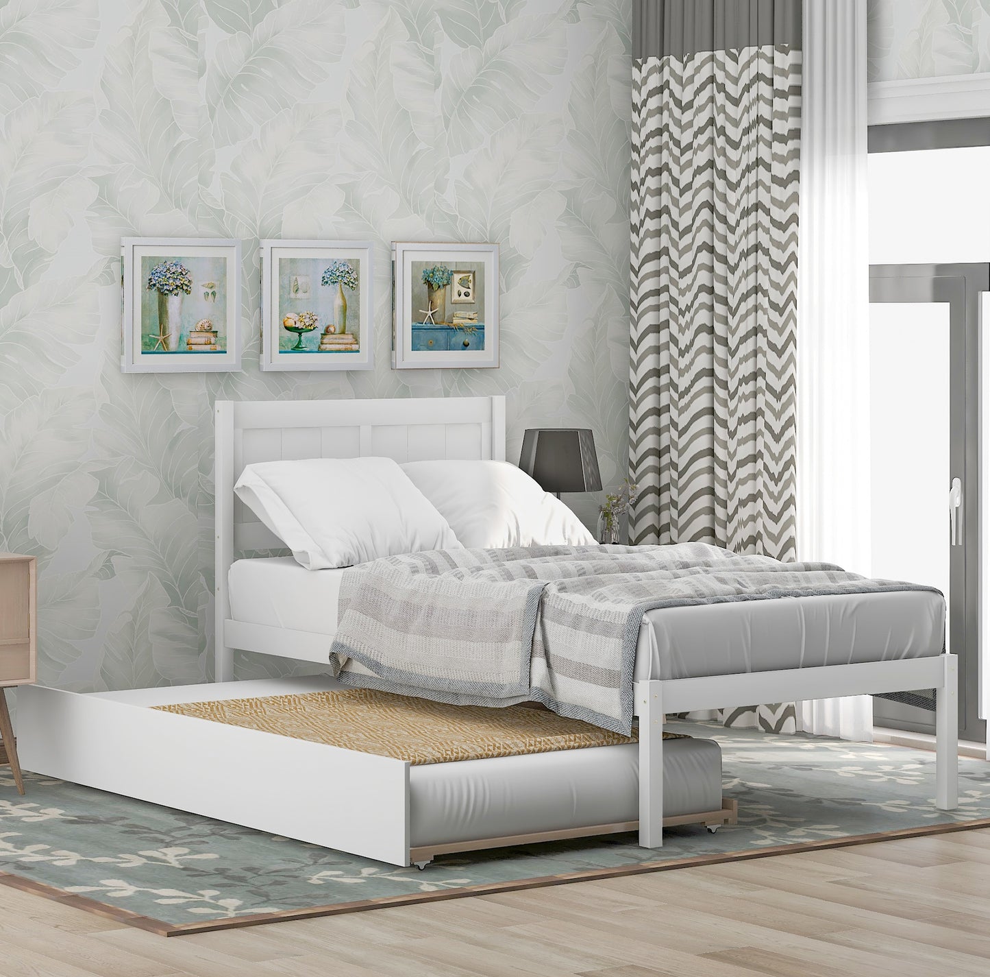 Twin Bed Frame with Trundle Included, Solid Pine Wood Platform Bed Frame for Kids Teens Adults, Espresso, LJ719