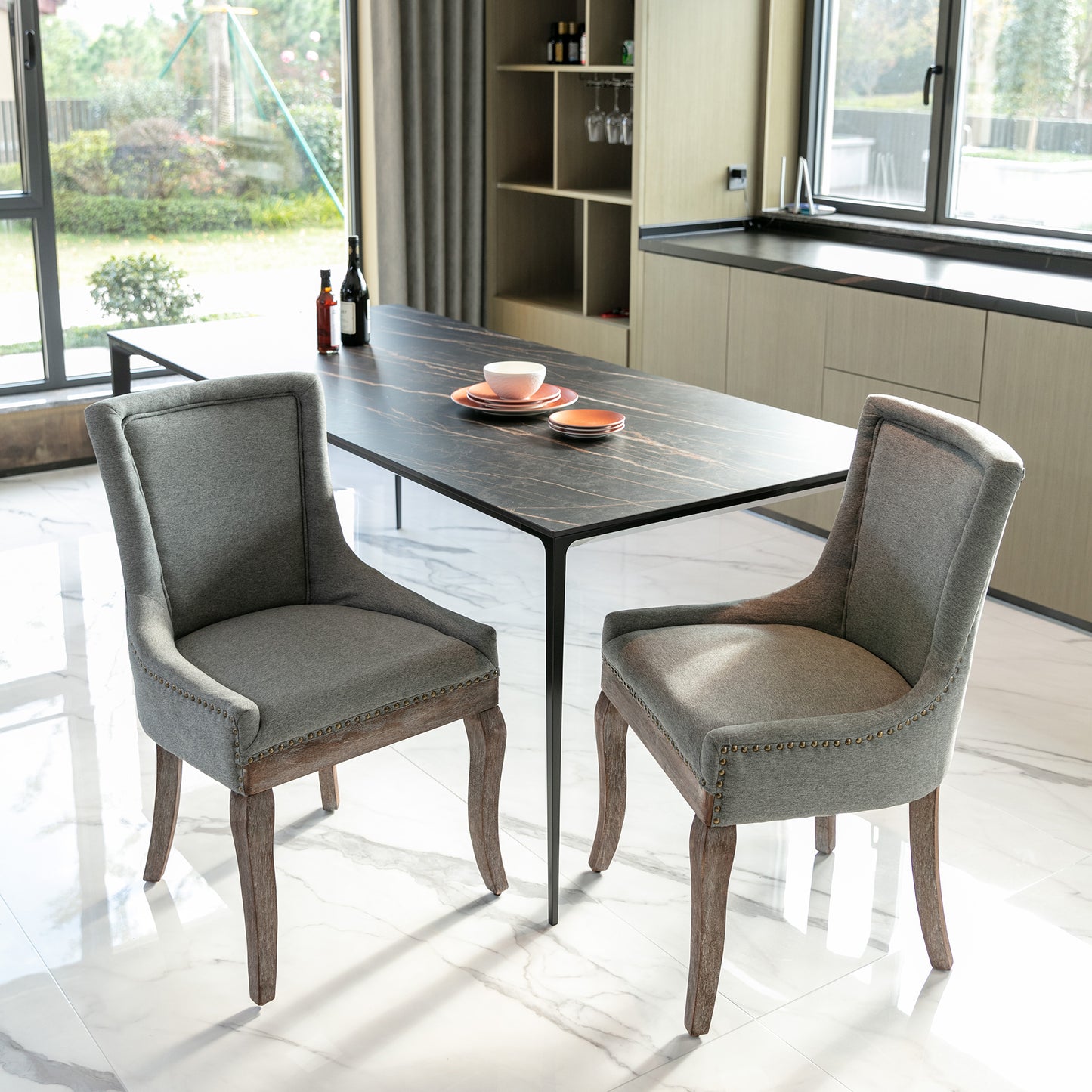 SYNGAR Upholstered Thickened Fabric Dining Chairs Set of 2, Solid Wood Contemporary Kitchen Chairs for Dining Room, Accent Chairs with Nail Head Decor, Gray