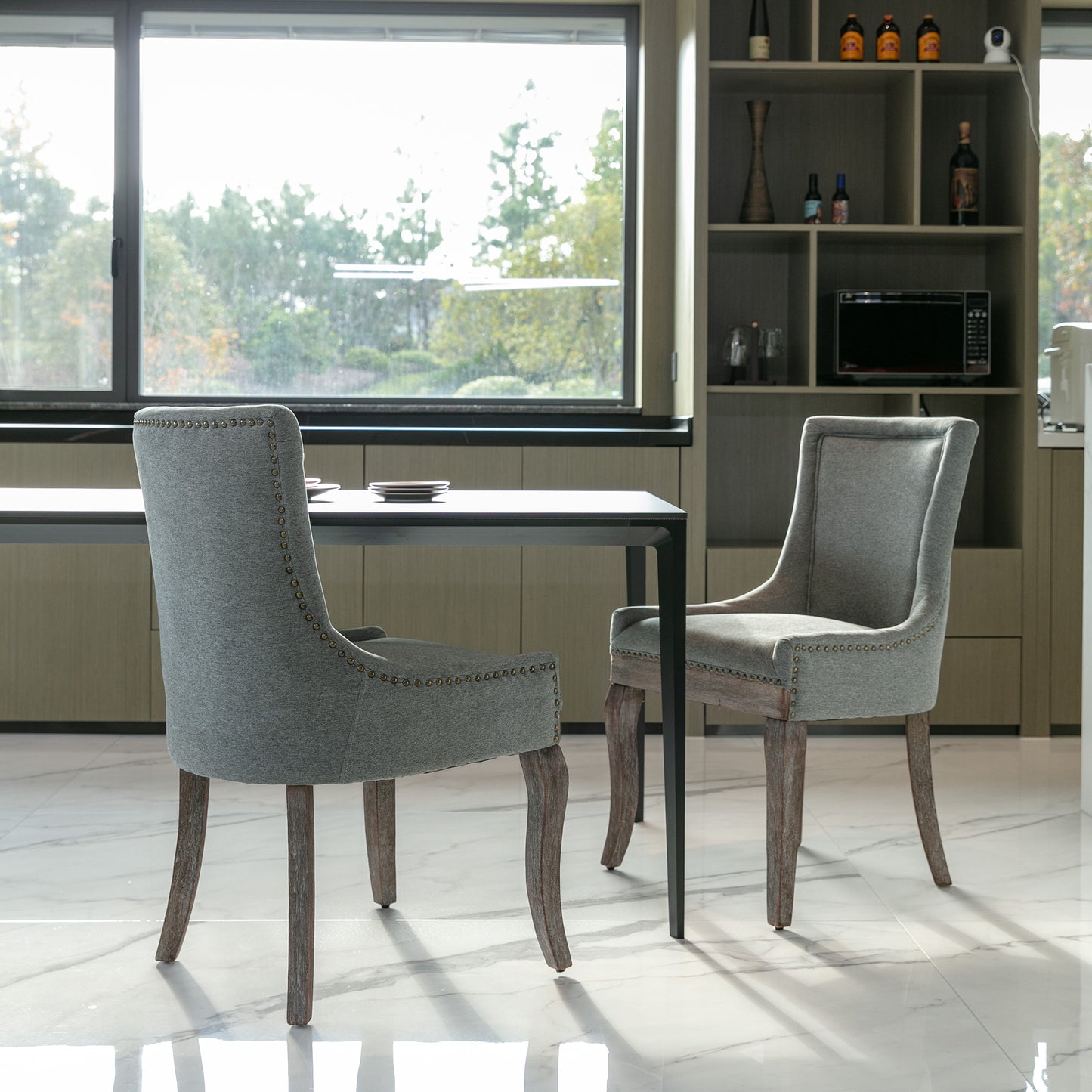 SYNGAR Upholstered Thickened Fabric Dining Chairs Set of 2, Solid Wood Contemporary Kitchen Chairs for Dining Room, Accent Chairs with Nail Head Decor, Gray