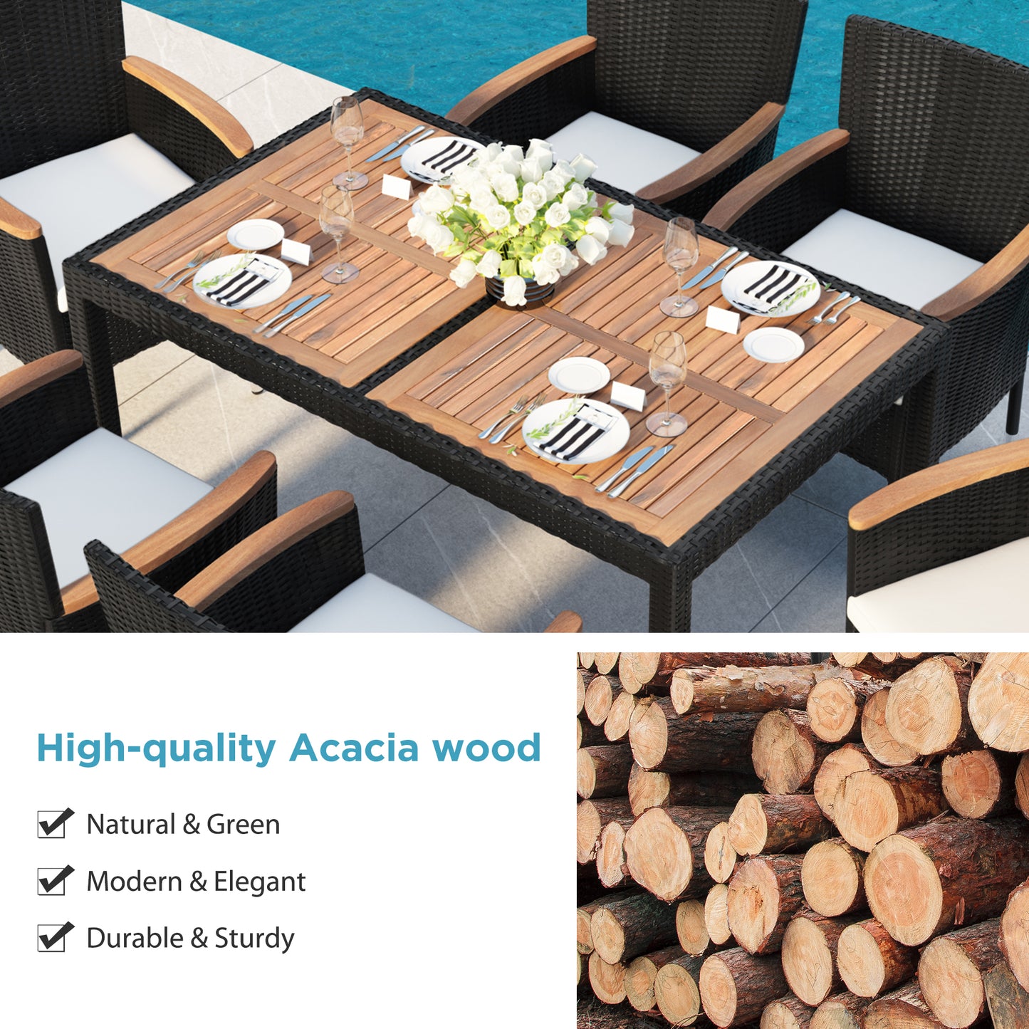 SYNGAR 7 Piece Outdoor Dining Set, All Weather PE Wicker Dining Table Set, Patio Rattan Furniture Set with Rectangular Acacia Wood Table and 6 Cushioned Chairs, for Backyard, Poolside, Balcony, D7335