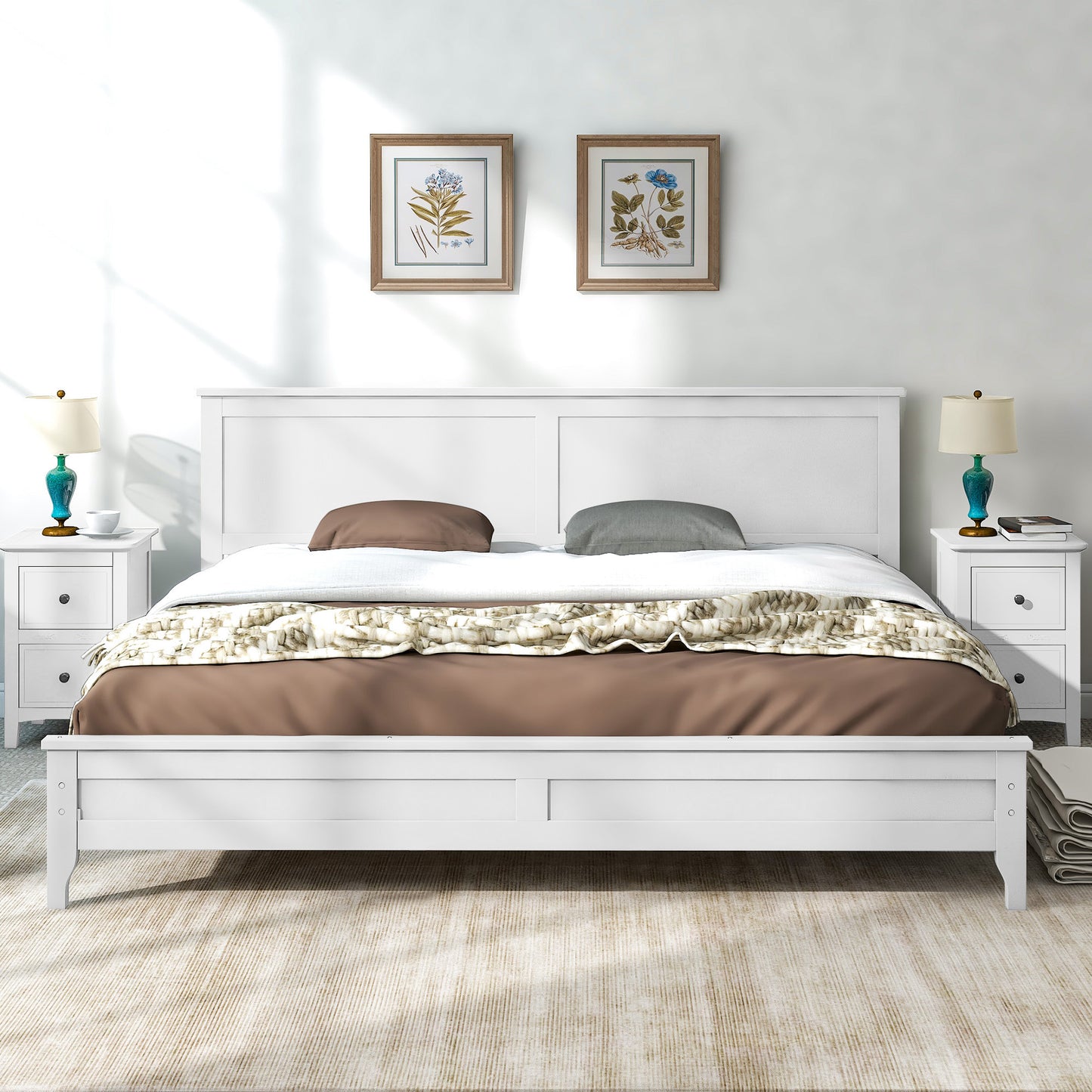 Syngar King Size Platform Bed with Headboard, Solid Wood Frame with Headboard, 500 Lbs. Weight Capacity, White, LJ2093