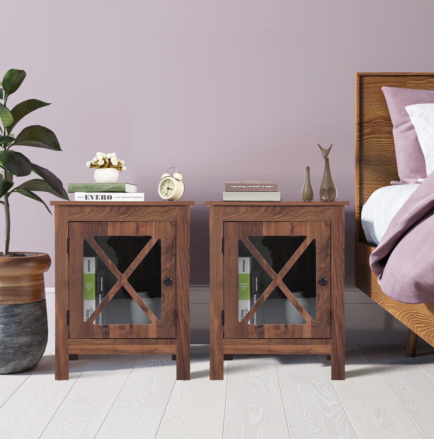 SYNGAR Walnut Farmhouse Nightstand Set of 2, Rustic Side Table End Table with Storage Drawer and Door for Bedroom Living Room