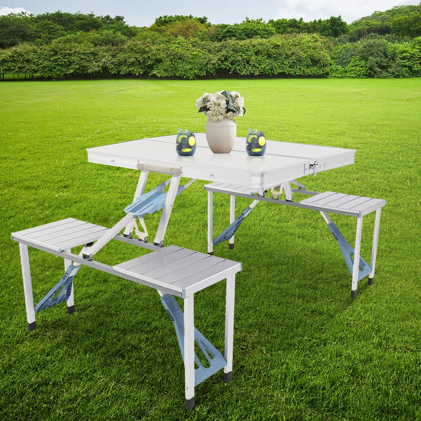 Picnic Table Foldable with Table and Chairs, Umbrella Hole, Outdoor Table and Chair Set with 4 Seaters for Barbecue, Travel, Camping