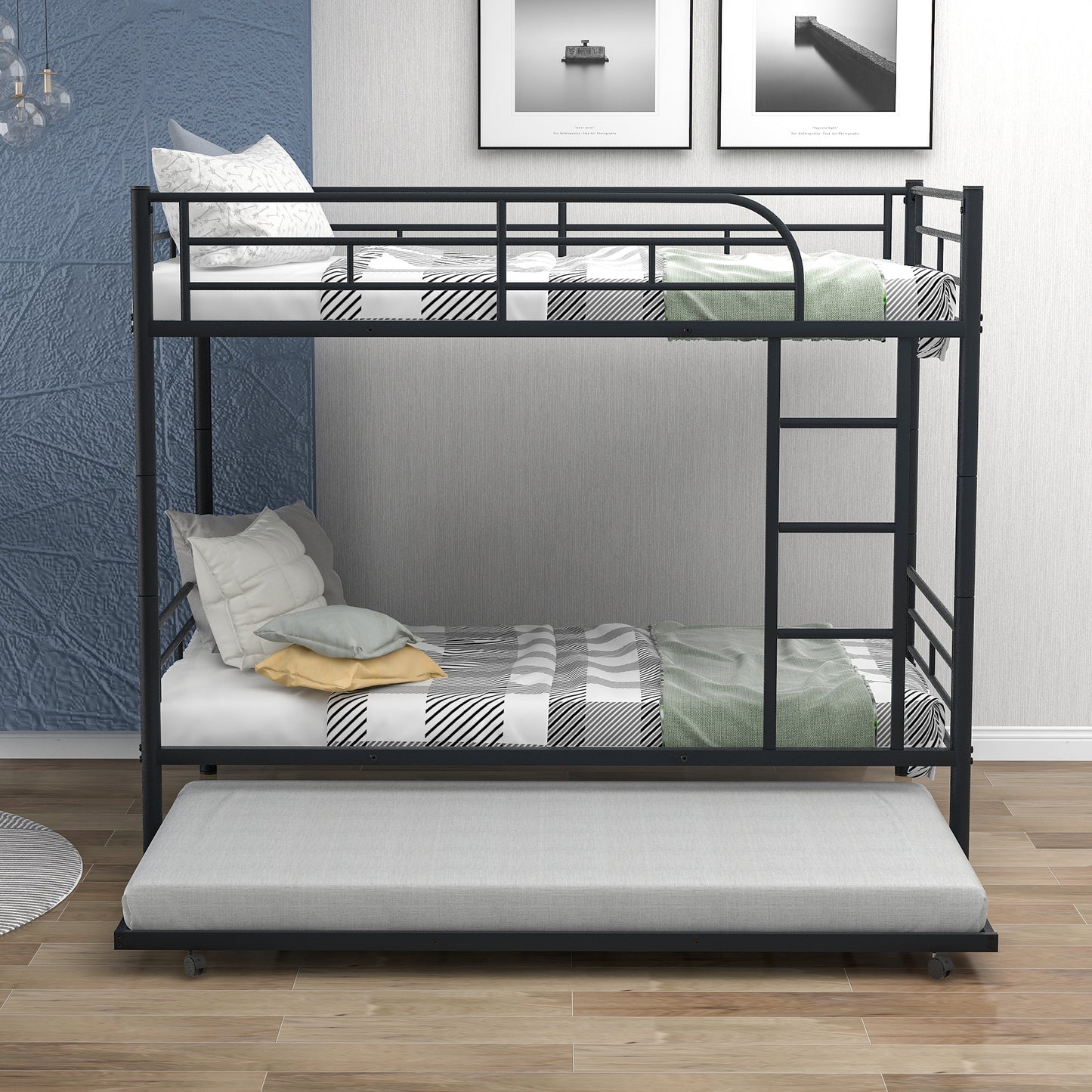 Twin over Twin Bunk Bed Frame with Trundle, SYNGAR Upgraded Bunk Beds with Ladder & Guardrail, Heavy Duty Kids Bedroom Furniture Bunk Bed for Boys and Girls, Space Saver Guest Room Bunk, Silver, C24