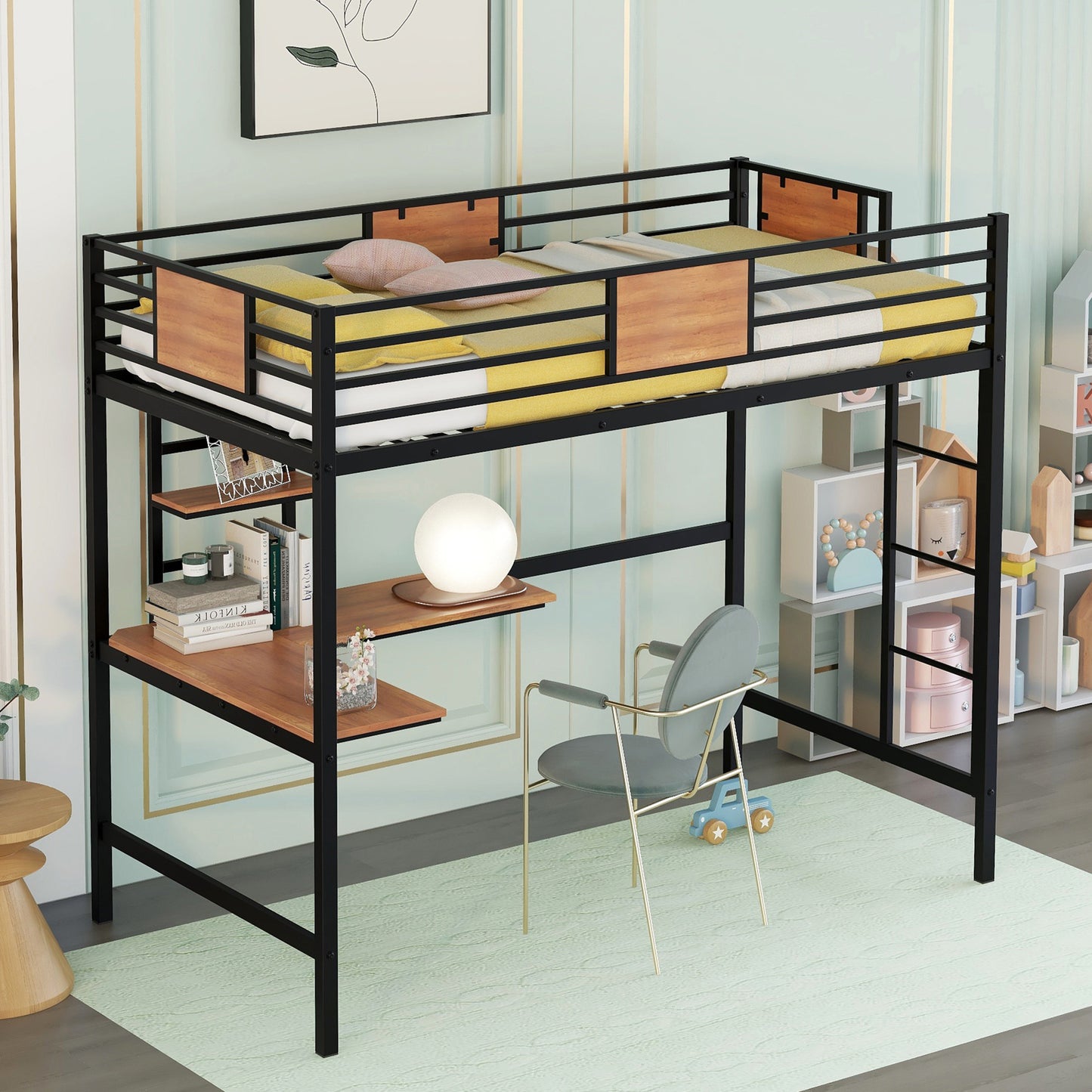 Twin Loft Bed Frame with Desk for Teens Kids, Classic Metal Bed Frames in Twin with Desk Ladder and Guardrails, Kids Bed Frame, Black, LJ503