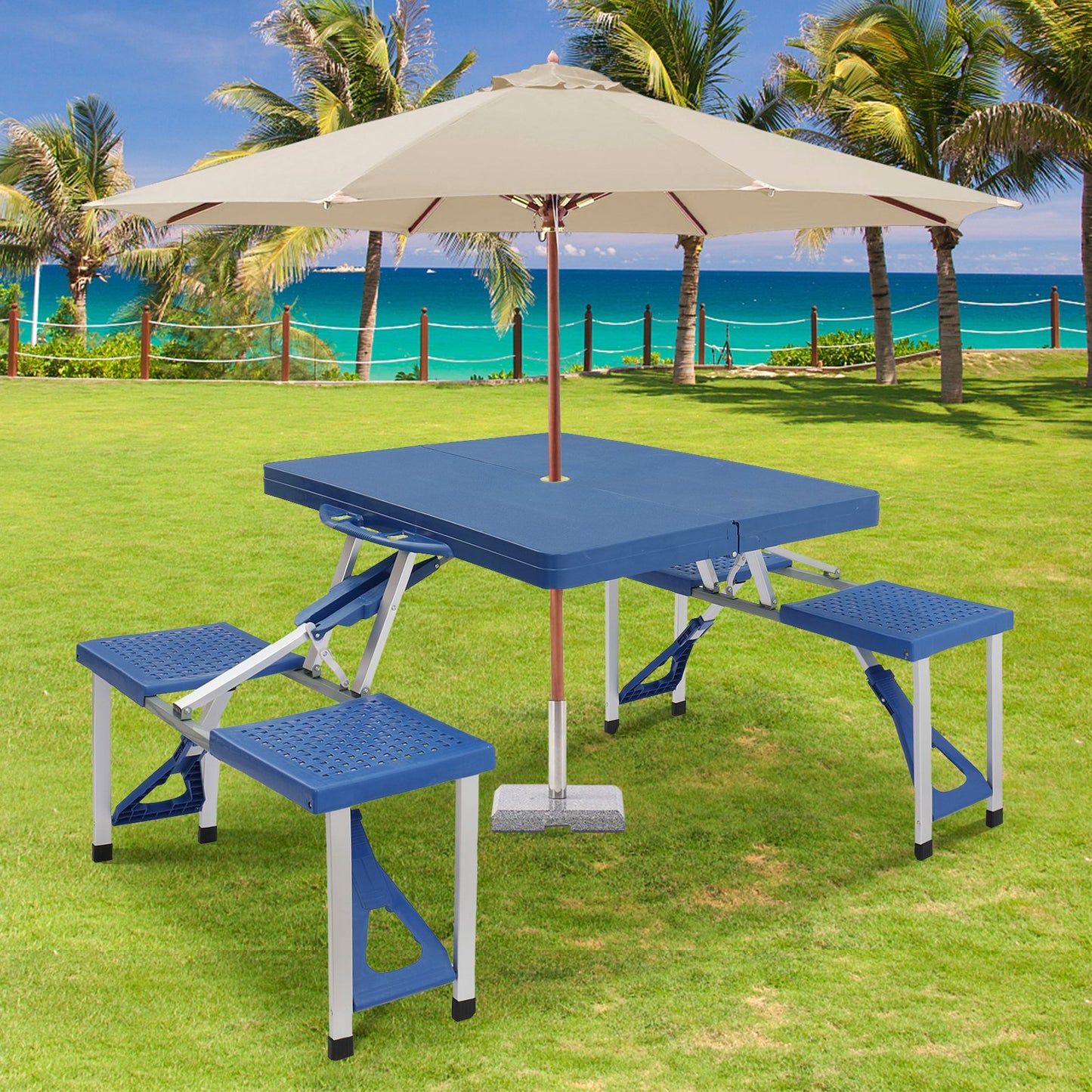 Picnic Table Foldable with Table and Chairs, Umbrella Hole, Outdoor Table and Chair Set with 4 Seaters for Barbecue, Travel, Camping