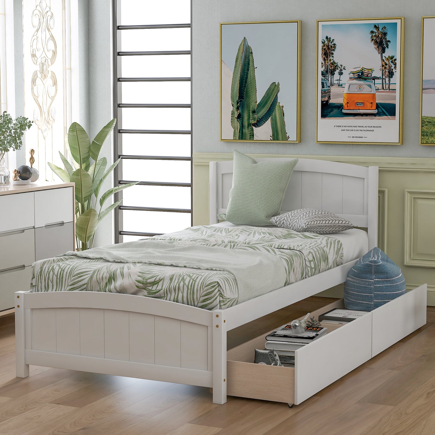 Twin Bed Frame with Storage Drawers, Pine Wood Platform Bed for Boys Girls Teens Adults, Espresso, LJ707