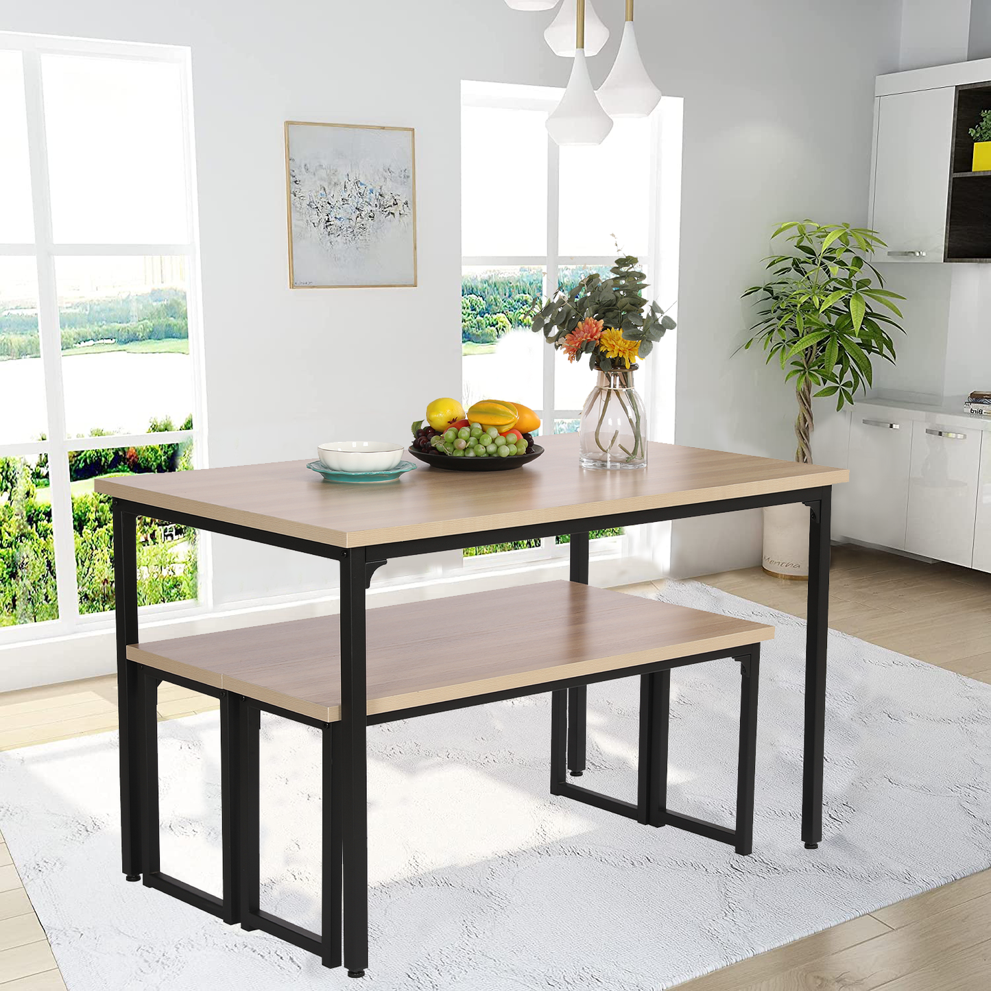 SYNGAR 3 Piece Kitchen Table Set, Modern Dining Set with 2 Benches, Home Dining Table Set for 4, Breakfast Table and Chairs Set, for Small Space, Kitchen, Dining Room, Restaurant, Beige, Y005