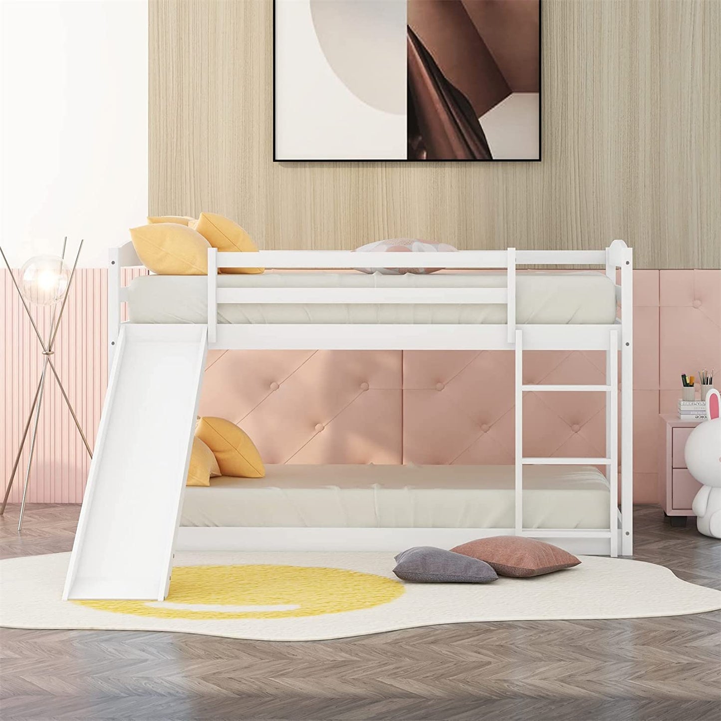 White Twin Bunk Beds with Slide for Kids, Low Profile Bunk Beds with Built-in Ladder, Kids Bedroom Furniture Floor Bed Frame for Toddlers Boys Girls, No Box Spring Needed, Hold 400LBS