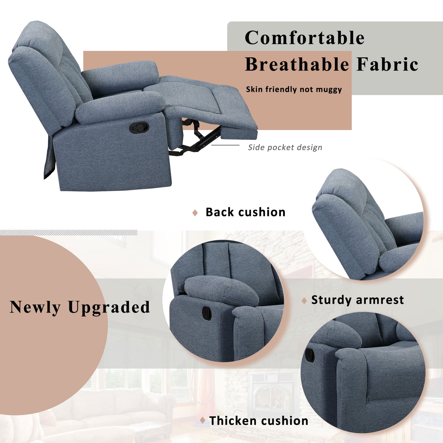 Manual Recliner Chair, Heavy Duty Reclining Mechanism with Thick Seat and Backrest, Elderly Single Recliner Rocker Sofa for Bedroom Home Theater Office, 35"L x 40"W x 38"H, Blue