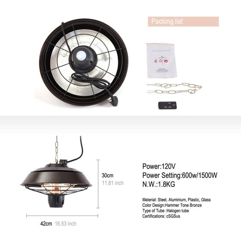 SYNGAR Patio Hanging Heater with Remote Control, Infrared Electric Outdoor Heater Ceiling Mounted with LED Lights for BBQ Party Balcony Courtyard, Brown, LJ3036