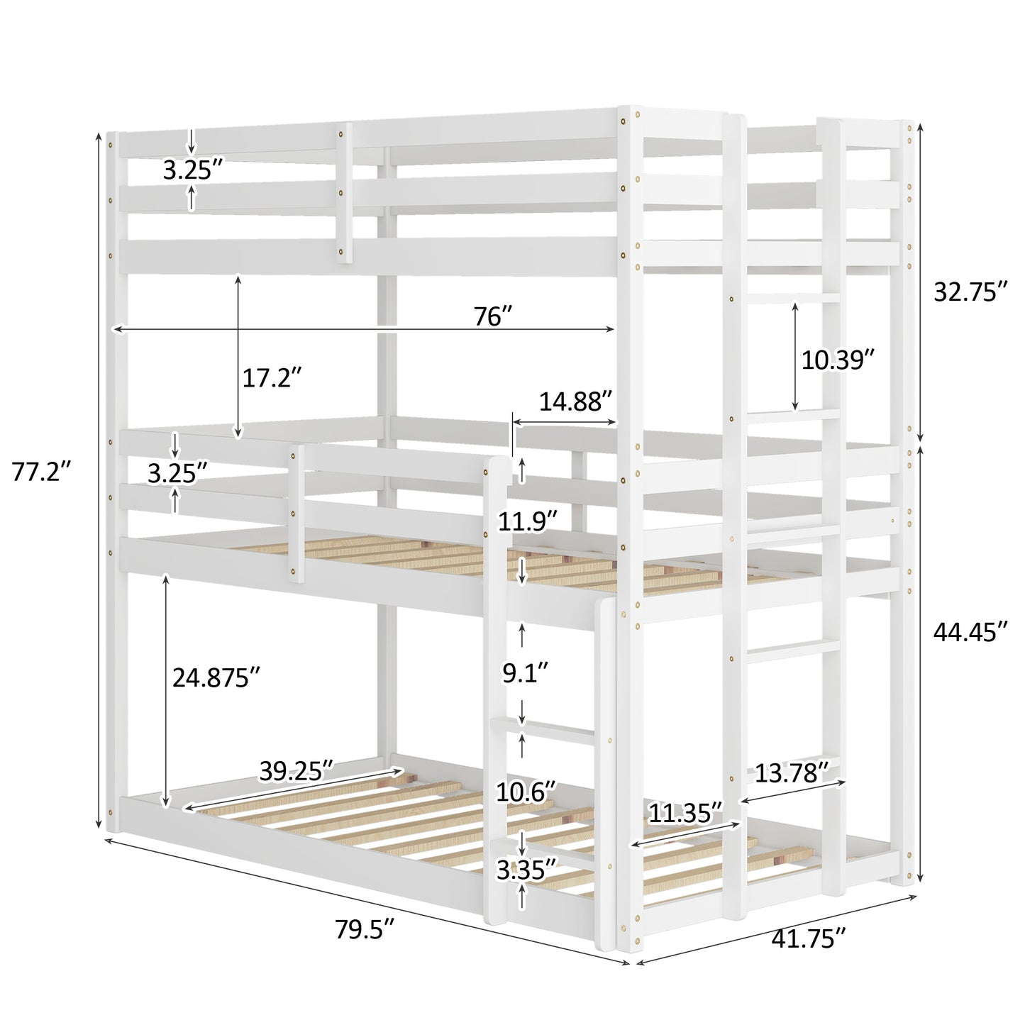 SYNGAR White Wood Triple Bunk Bed Frame for Kids, 3 Twin Bed Triple Floor Bunk Bed with Ladders, Adjustable Detachable Design 3 Bed Frame, No Box Spring Needed, Twin Over Twin Over Twin