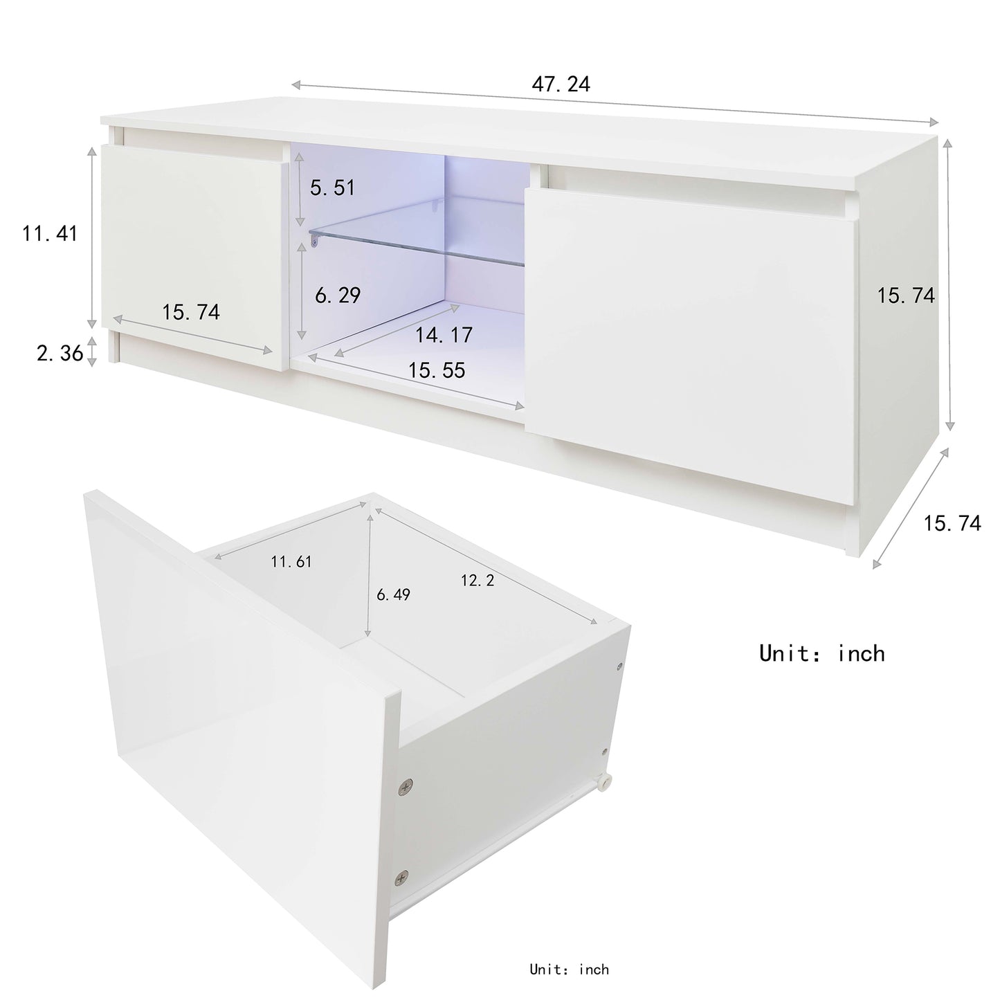SYNGAR Black TV Stand for 55 inch TV, Modern High Glossy TV Console Table Stand with 16 Colors LED Lights, Living Room TV Table Stand Buffet Cabinet with Storage, 47"L×16" W×16" H