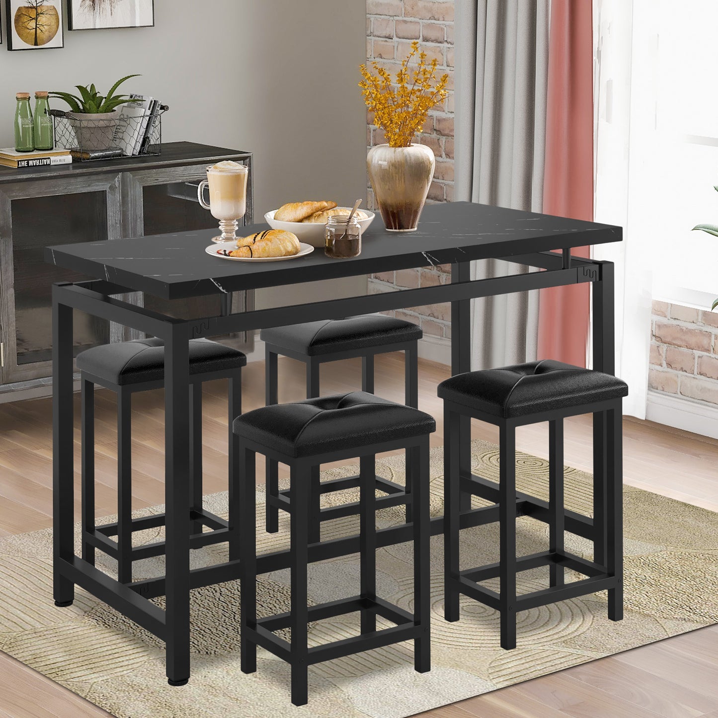 SYNGAR 5 Piece Pub Table Set, Counter Height Faux Marble Bar Table Set with 4 PU Leather Cushioned Stools, Modern Home 4-Person Dining Table Set, Kitchen Breakfast Table and Stools Set, Y010