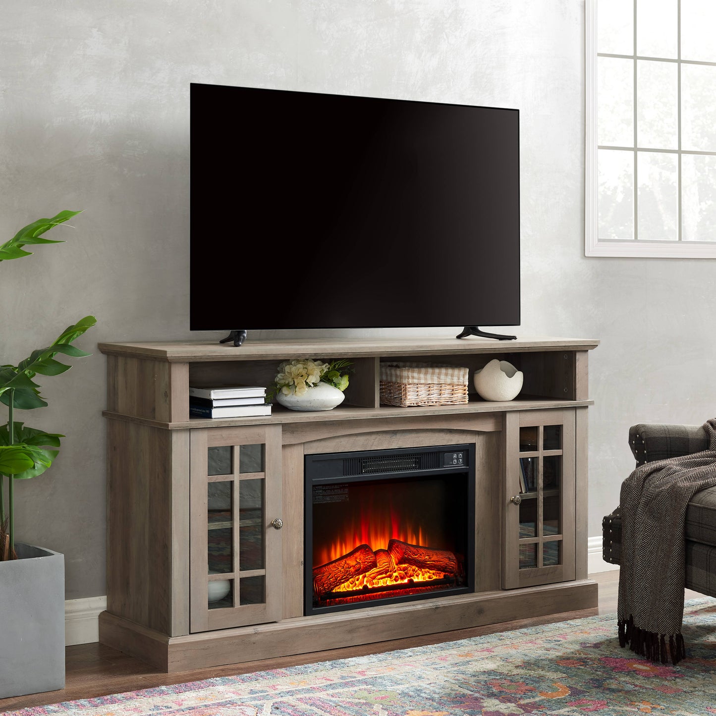 TV Stand with Fireplace, Modern TV Cabinet for TVs up to 65 inch, Electric Fireplace TV Stand with Storage, Entertainment Center Console Table, for Living Room Bedroom, Espresso, D3183